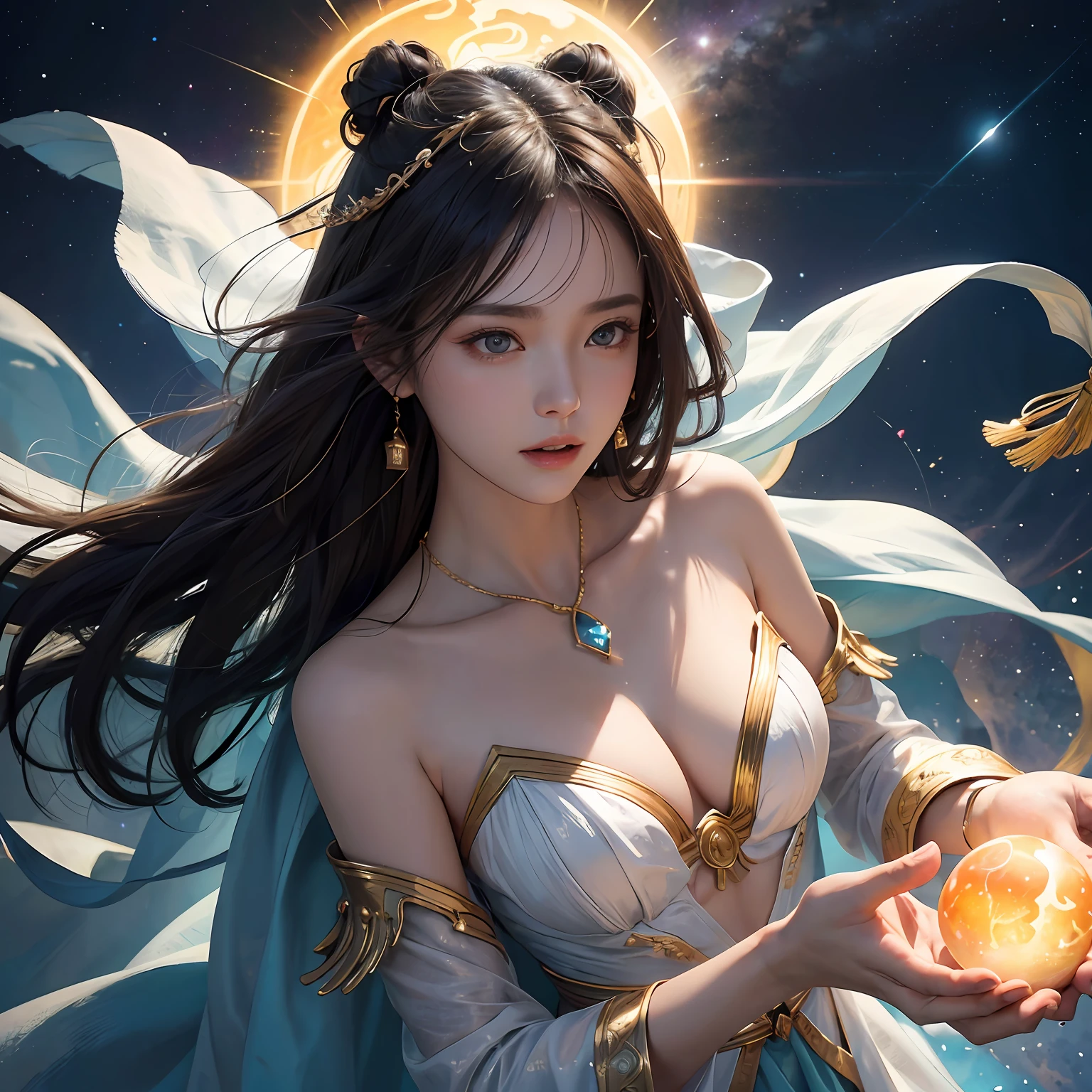 超高分辨率， best qualtiy， photore， 16k， tmasterpiece:1.3，（realisticlying： 1.2）， cinmatic lighting， Woman in the shape of a mythical god。It depicts the god holding the sun and moon，（（Dynamic background），radiating with light，Aura shrouded），（dynamicposes），Cast magic，Sit on the crystal），Float on the crystal in a bright white cape，Ultimate face，（afloat：1.3），cosmic starry sky，stunning detailed， 64k resolution，for an immersive and realistic visual experience。Let your work capture the essence of myth and wonder，leaving viewers in awe of its beauty and power。