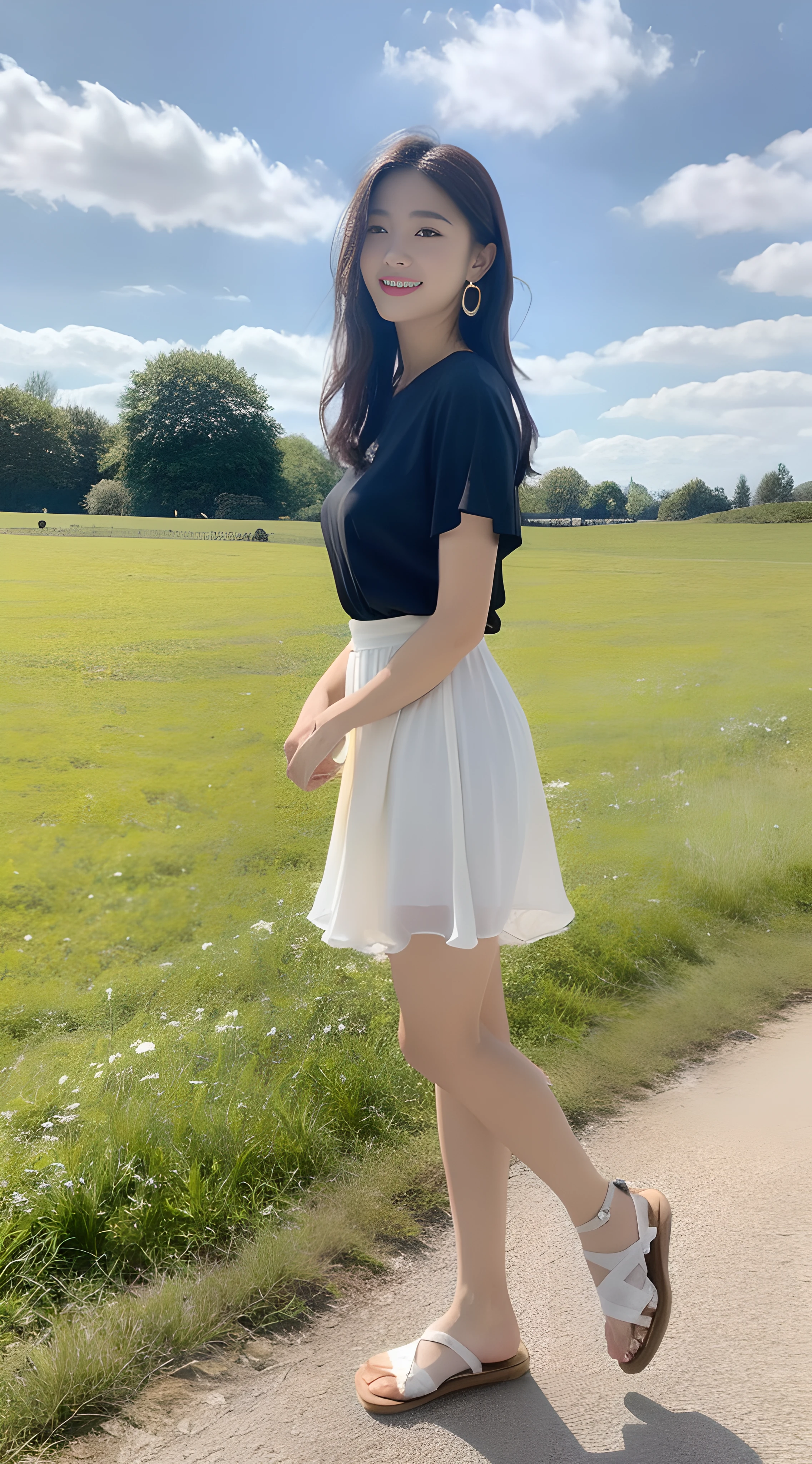 a young, Beautiful cute girl,Full body photo,Extremely beautiful and delicate,Black color hair,A sweet smile,Delicate and beautiful fair skin,Realistic and realistic,exquisite and complete facial features,Detailed depiction of the face,tall nose bridge,Smooth hair,extremely detail hair,Feminine temperament,Fill your face light,Tall and tall,Thin,Realiy,White teeth,Hyper-realism,sandals,full body shot shot,Forward tilt angle,Extreme picture quality,Highest precision,Precise and perfect human anatomy。with blue sky and white clouds,Sitting on the Steppe,with blue sky and white clouds,rays of sunshine,Cows, sheeps, (White chiffon skirt)(telephoto shot,)Express the landscape,Highlight portrait。Wearing earrings
