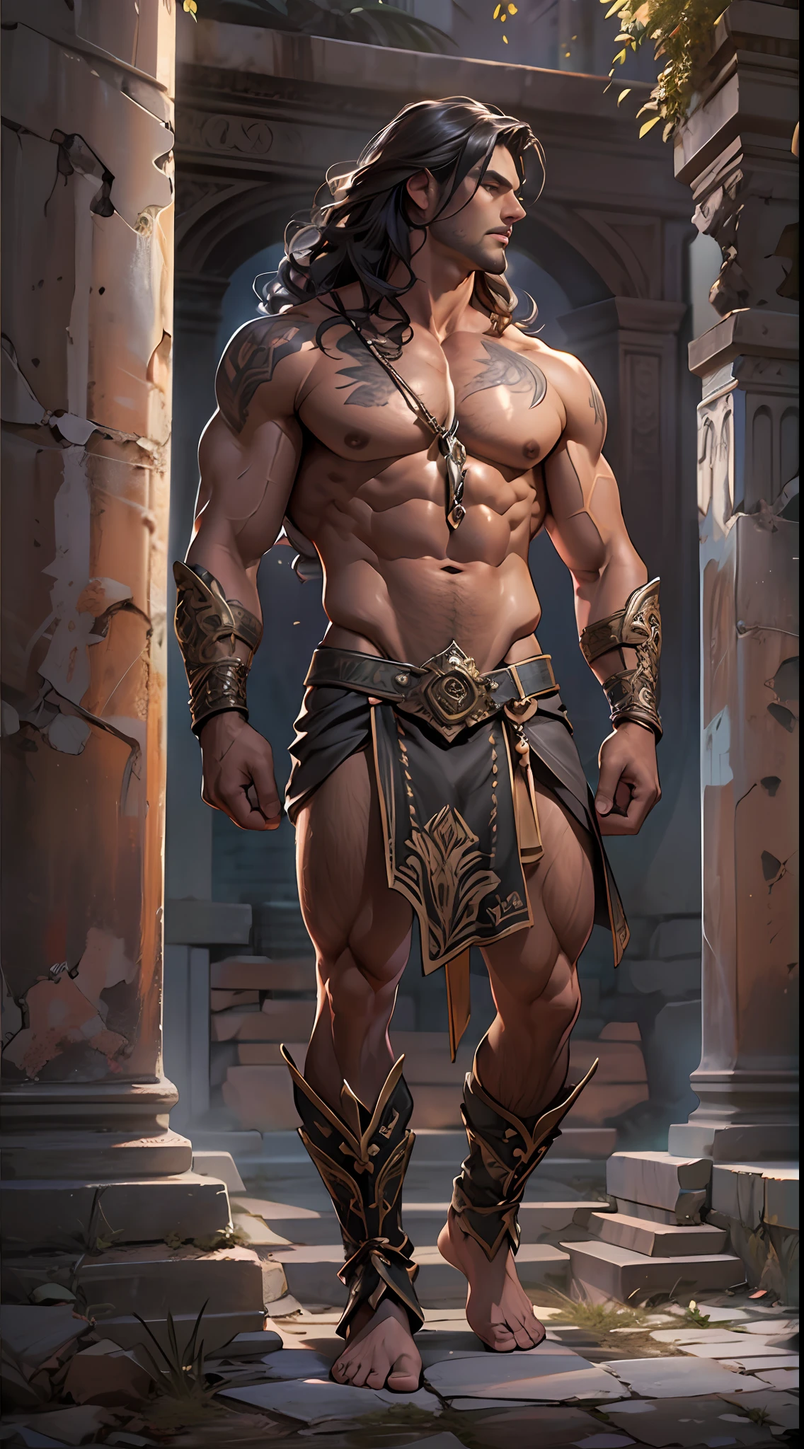 Ripped hero, shirtless upper body, legs revealed from thighs to feet, cascading long curls, intricate muscular details, photorealistic artwork, 4K resolution. Background: Mystic ancient ruins with glowing symbols,32k uhd, best quality, masterpiece, super detail, high details