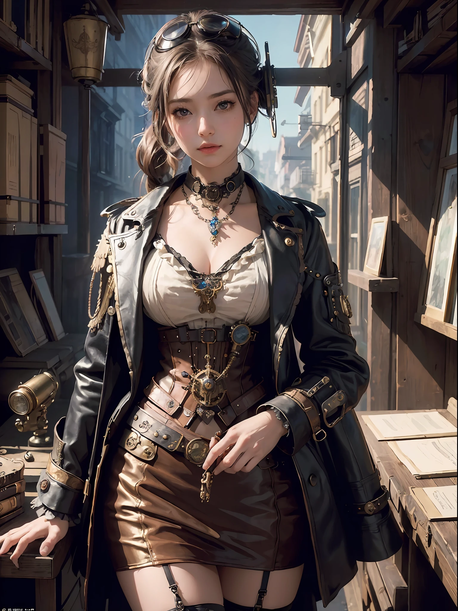 (masterpiece, top quality, best quality, official art, beautiful and aesthetic:1.2), (1girl:1.3), extreme detailed,(Steampunk:1.2),colorful,highest detailed, post office, writing letter
