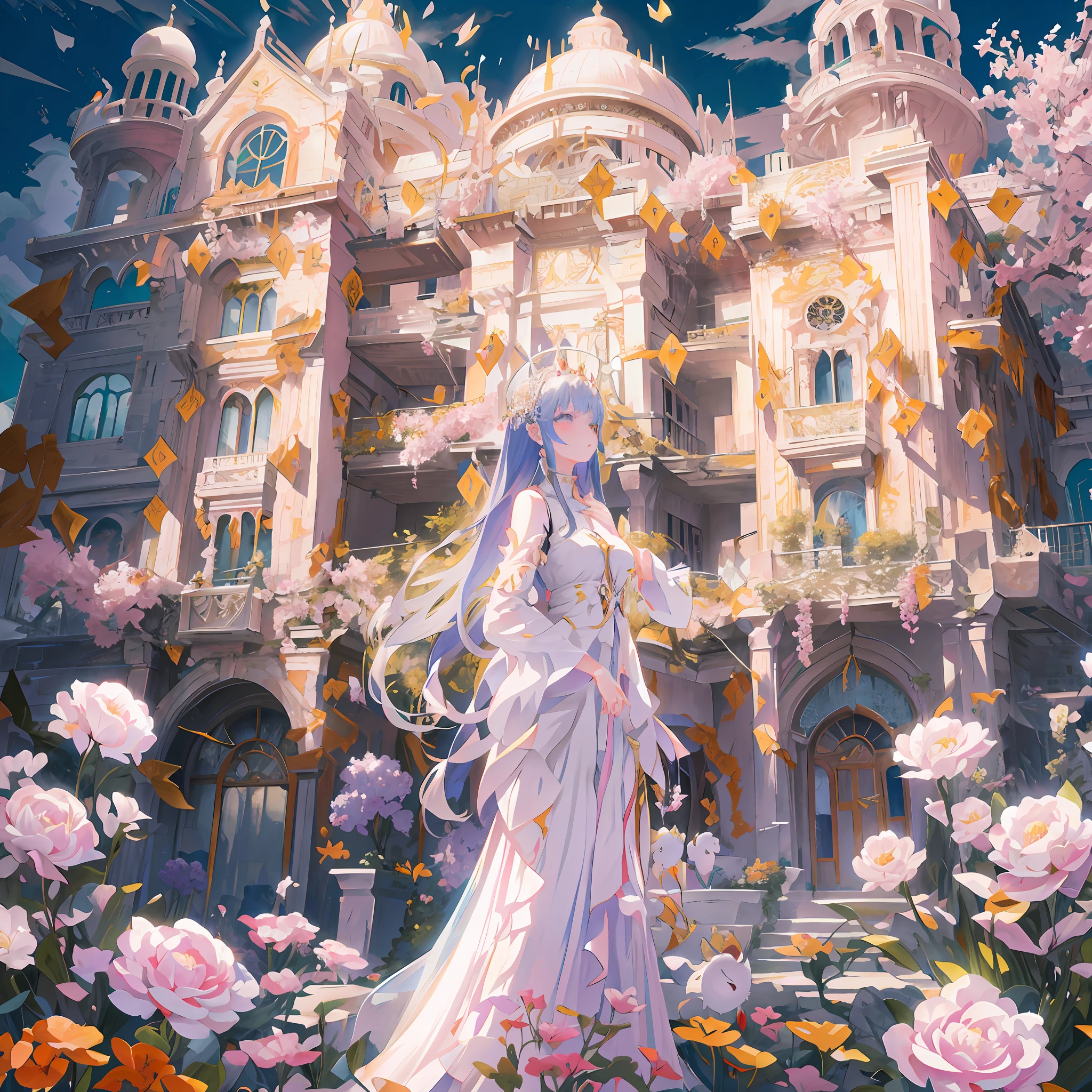 Anime girl in white dress standing in front of building, beautiful fantasy anime, high detailed official artwork, anime fantasy illustration, floating in heaven Palace, palace background, anime fantasy artwork, ((a beautiful fantasy empress)), beautiful anime artwork, Milky Palace, anime beautiful peace scene, a beautiful artwork illustration, beautiful anime art, Beautiful anime