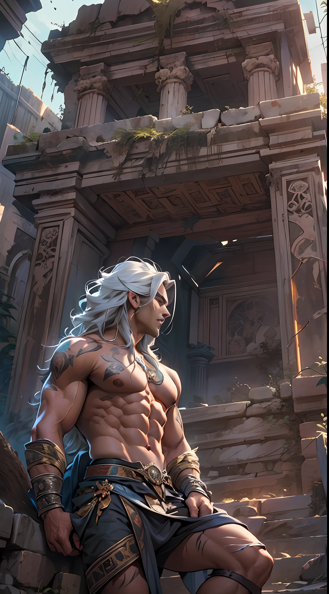 Ripped hero, shirtless upper body, legs revealed from thighs to feet, cascading long curls, intricate muscular details, photorealistic artwork, 4K resolution. Background: Mystic ancient ruins with glowing symbols,32k uhd, best quality, masterpiece, super detail, high details