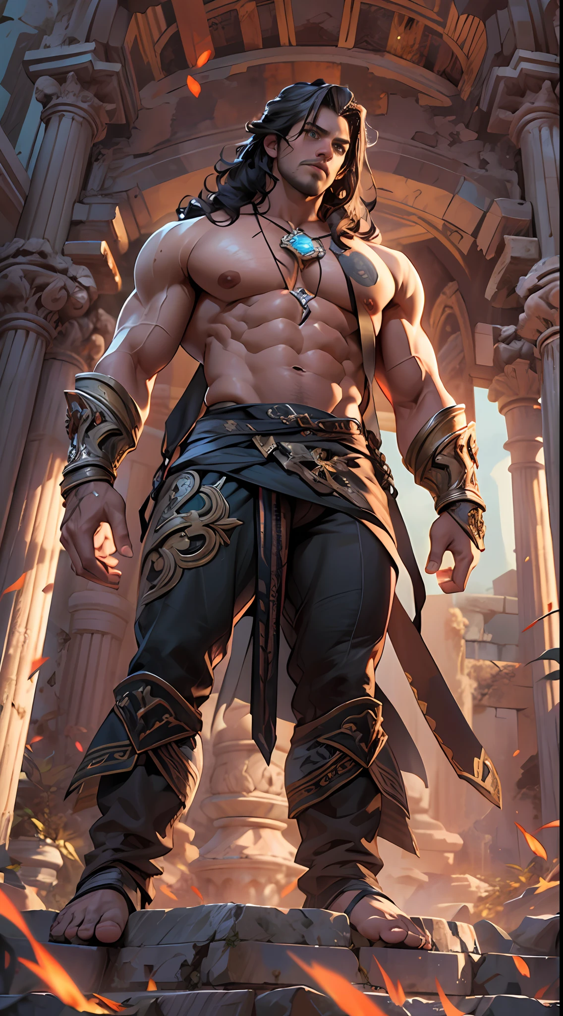 Ripped hero, shirtless upper body, legs revealed from thighs to feet, cascading long curls, intricate muscular details, photorealistic artwork, 4K resolution. Background: Mystic ancient ruins with glowing symbols,32k uhd, best quality, masterpiece, super detail, high details