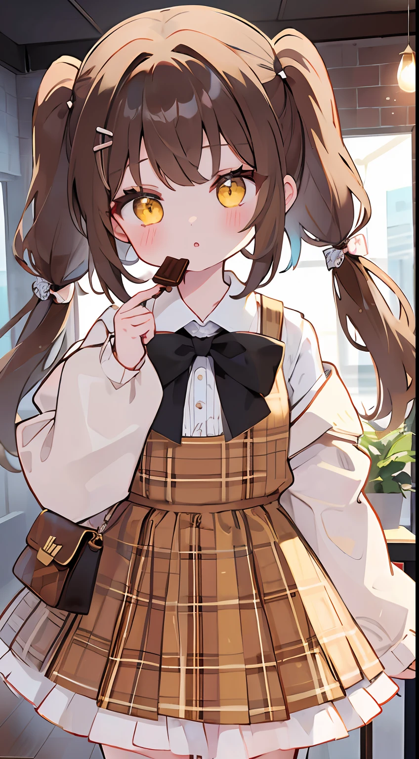 One girl、Brown hair、Plaid dress、Brown dress、chocolate、cute little、Twin-tailed、candy、Chocolate cake、yellow eyes、masterpiece、top-quality、Top image quality、