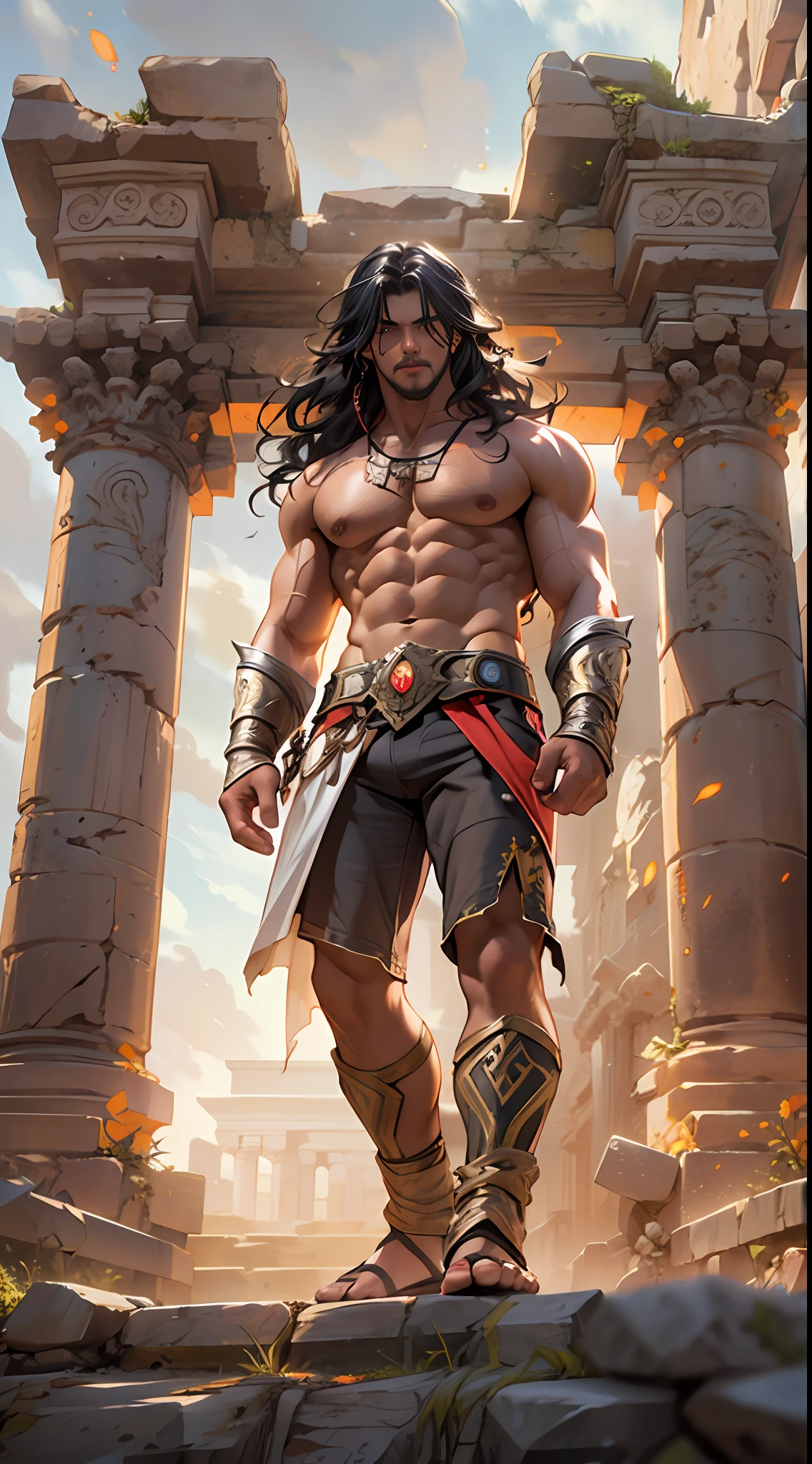 Ripped hero, shirtless upper body, legs revealed from thighs to feet, cascading long curls, intricate muscular details, photorealistic artwork, 4K resolution. Background: Mystic ancient ruins with glowing symbols,32k uhd, best quality, masterpiece, super detail, high details