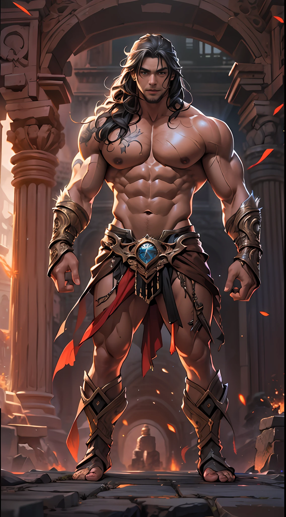 Ripped hero, shirtless upper body, legs revealed from thighs to feet, cascading long curls, intricate muscular details, photorealistic artwork, 4K resolution. Background: Mystic ancient ruins with glowing symbols,32k uhd, best quality, masterpiece, super detail, high details