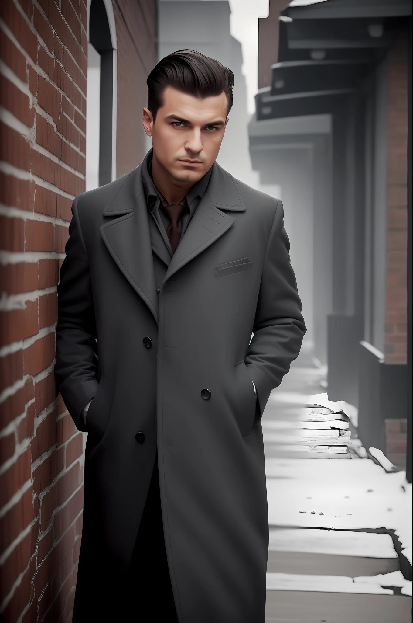 early morning, Morning Lights, A member of the Russian mafia in a gray coat, very short dark hair, criminal, 1950s, Post-war era, brick wall, Wide camera angle, motion