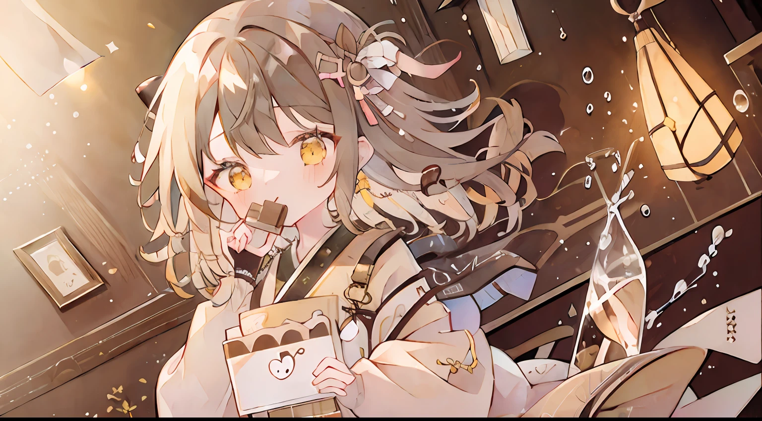One girl、Brown hair、Plaid dress、brown robes、Chocolate、cute little、Twin-tailed、candy、chocolate cake、yellow  eyes、​masterpiece、top-quality、Top image quality、
