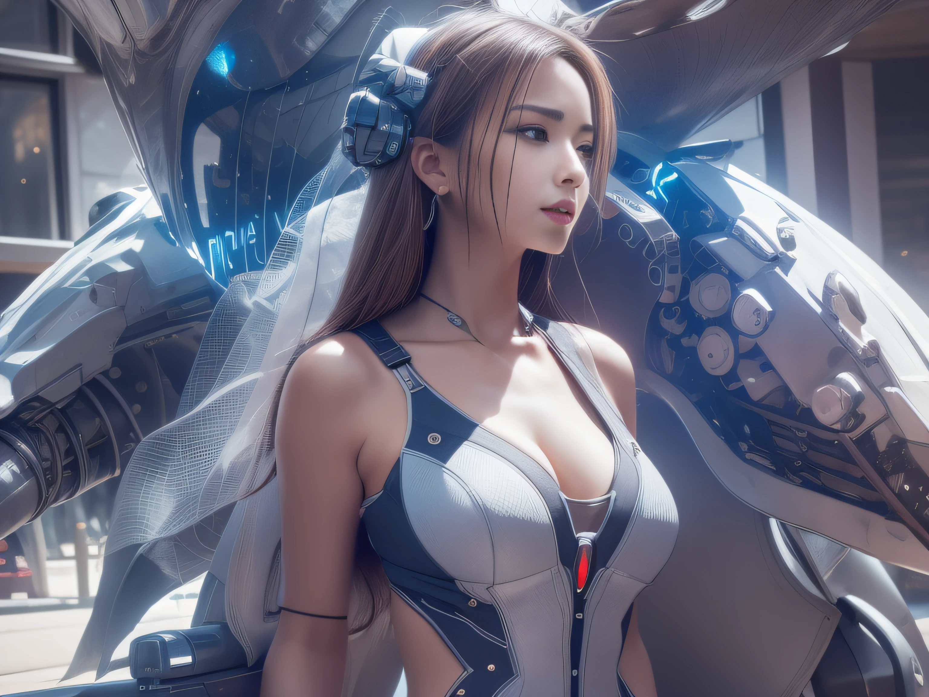 Highest image quality，Outstanding details，超高分辨率，（Fidelity：1.4）, Favor the details，closeup cleavage，The background is a scene of a cosmic celestial body，High-tech dragon knight mech，He has a delicate and beautiful face，（（Blue-white flying semi-mechanical fuselage：1.8）），high-tech weapon，Raised sexy，frontage，cyber punk perssonage，Futuristic，mechanically aesthetic，Virtual Engine 5，Perfect detail rendering，rendering by octane，hyper HD