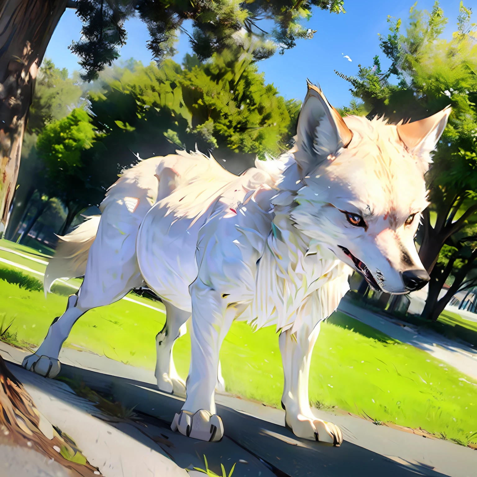 A young wolf，White all over，Looking at its own body，Inside a tree hole