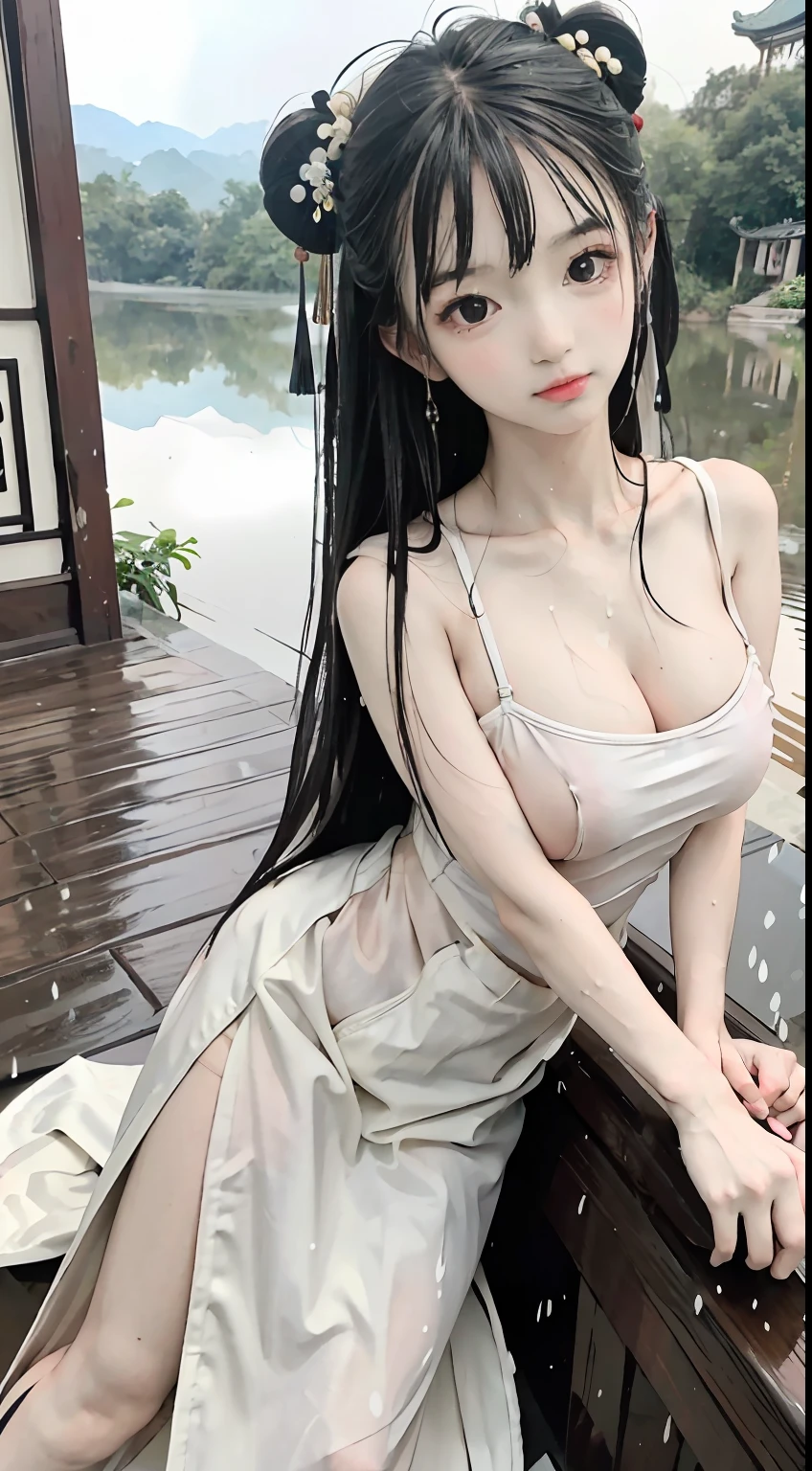 Master quality, highest quality, best picture quality, exaggerated details, a cute 8 year old asian with a shy expression, slightly squinted eyes, adjusting her hair, long eyelashes (long hair / very, very exaggerated big breasts _ tits / in hanfu chinese luxury), posing sit in front of the camera, wet throught rain, wet breast under wear