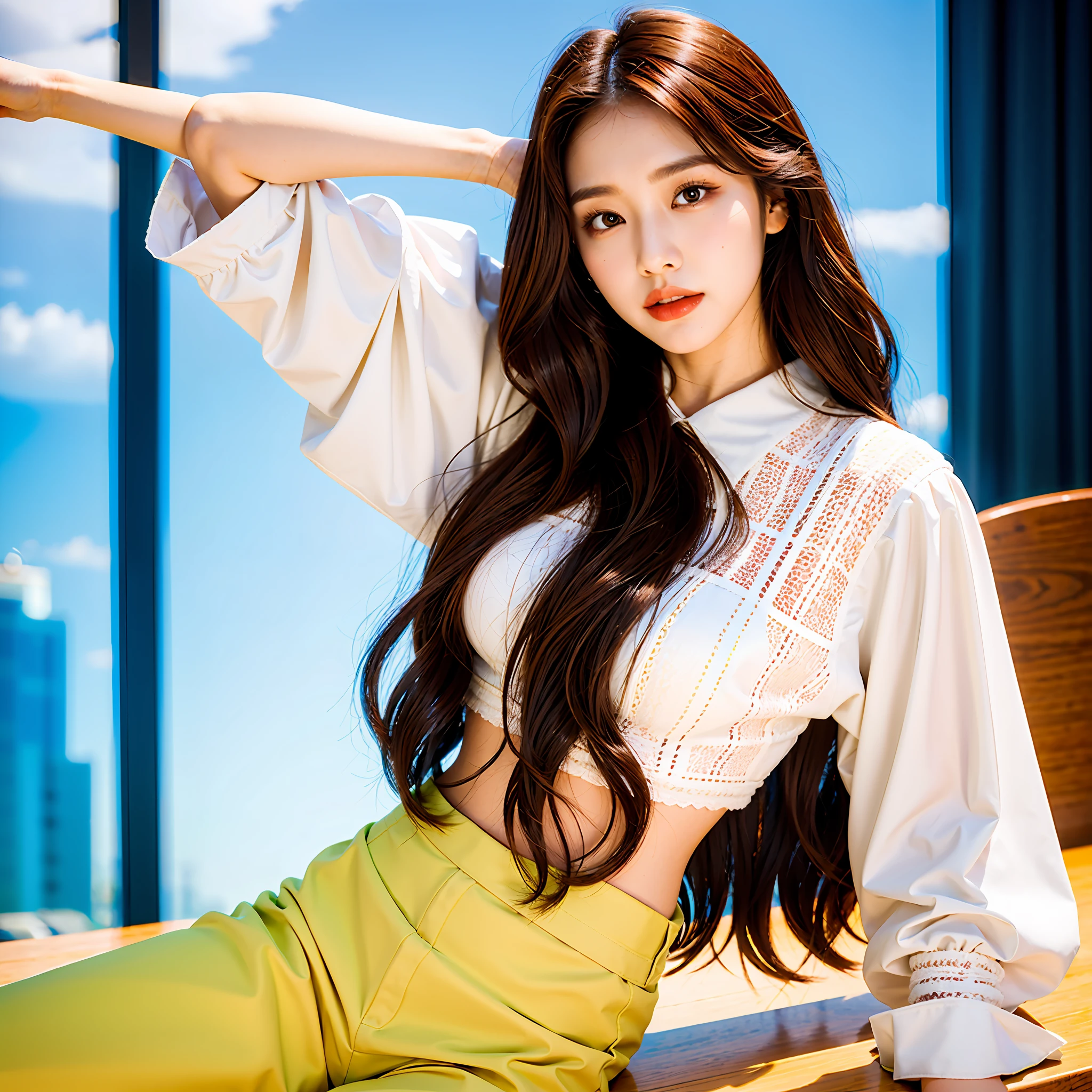 portrait of a, middle, ligh brown hair, style of, Matching white blouse, Classic black slacks