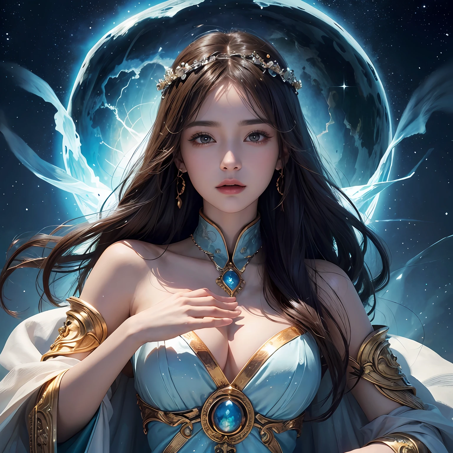 超高分辨率, best qualtiy, photore, 16k, tmasterpiece:1.3,(realisticlying: 1.2), cinmatic lighting, Woman in the shape of a mythical god。It depicts the god holding the sun and moon,((Dynamic background),radiating with light,Aura shrouded),(dynamicposes),Cast magic,Sit on the crystal),Float on the crystal in a bright white cape,Ultimate face,(afloat:1.3),cosmic starry sky,stunning detailed, 64k resolution,for an immersive and realistic visual experience。Let your work capture the essence of myth and wonder,leaving viewers in awe of its beauty and power。