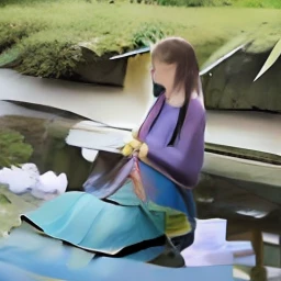 Woman sitting on a bridge with water lily mats in a pond,The face does not change， sitting at a pond, sitting on a lotus flower, sitting on a reflective pool, sitting in a reflective pool, in a pond, sittinng on the river, at the waterside, lying on lily pad, beautiful asian woman sitting, standing on a lotus, sitting relax and happy, standing gracefully upon a lotus