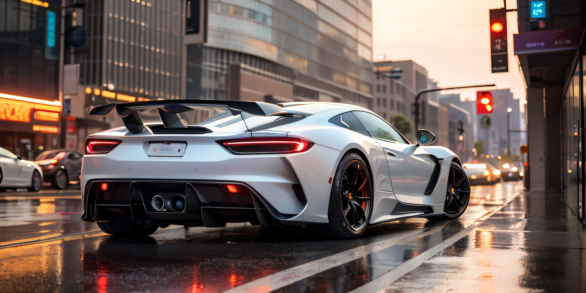 (Best quality, Masterpiece:1.2), Photorealistic, (Ambient light:1.3), (Cinematic composition:1.2), 8K, hdr, 超高分辨率, Exquisite details and textures, sports cars, super car, tail lights, Sunset, Street view, skyscrapper, skylines, Cyberpunk, Neon lights, Clouds, rained, wetfloor, Reflection, Dusty air, Light particles, ray of lights, Detailed background, Depth of field, Professional lighting, photon maping, Radio City, Physically-based rendering