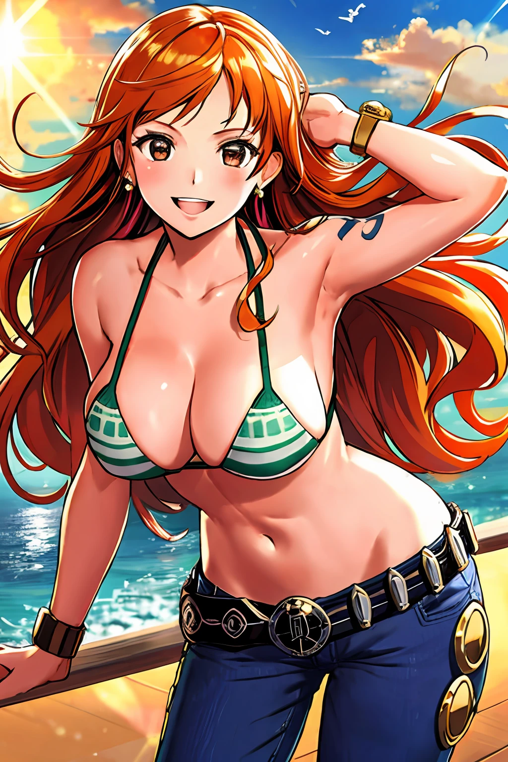 detailed background, masterpiece, best quality, adult, 1girl, solo, nami \(one piece\), 1girl, bangle, perfect face, drawing lines, flat jaw, adult woman, arm muscles, wavy wide streaked bangs, upward bang streaks, (big cheeks), bare shoulders, off-shoulders, belt, bikini, bikini top only, blue sky, bracelet, springy breasts, breast lines, big brown shiny eyes, bubble, cleavage, cloud, cowboy shot, day, denim, earrings, floating hair, shiny hair, green belt, green bikini, groin lines, jeans, jewelry, large breasts, log pose, long hair, looking at viewer, navel, orange hair, pants, shoulder tattoo, sidelocks, sky, solo, standing, stomach, swimsuit, tattoo , looking at viewer, open mouth, detailed left arm, big forehead, hourglass figure, small head, very happy, laughing, toned body, wide hair, wind effect, sun effect, under the sun, leaning forward, narrow small ears angle, older, slightly muscular arms