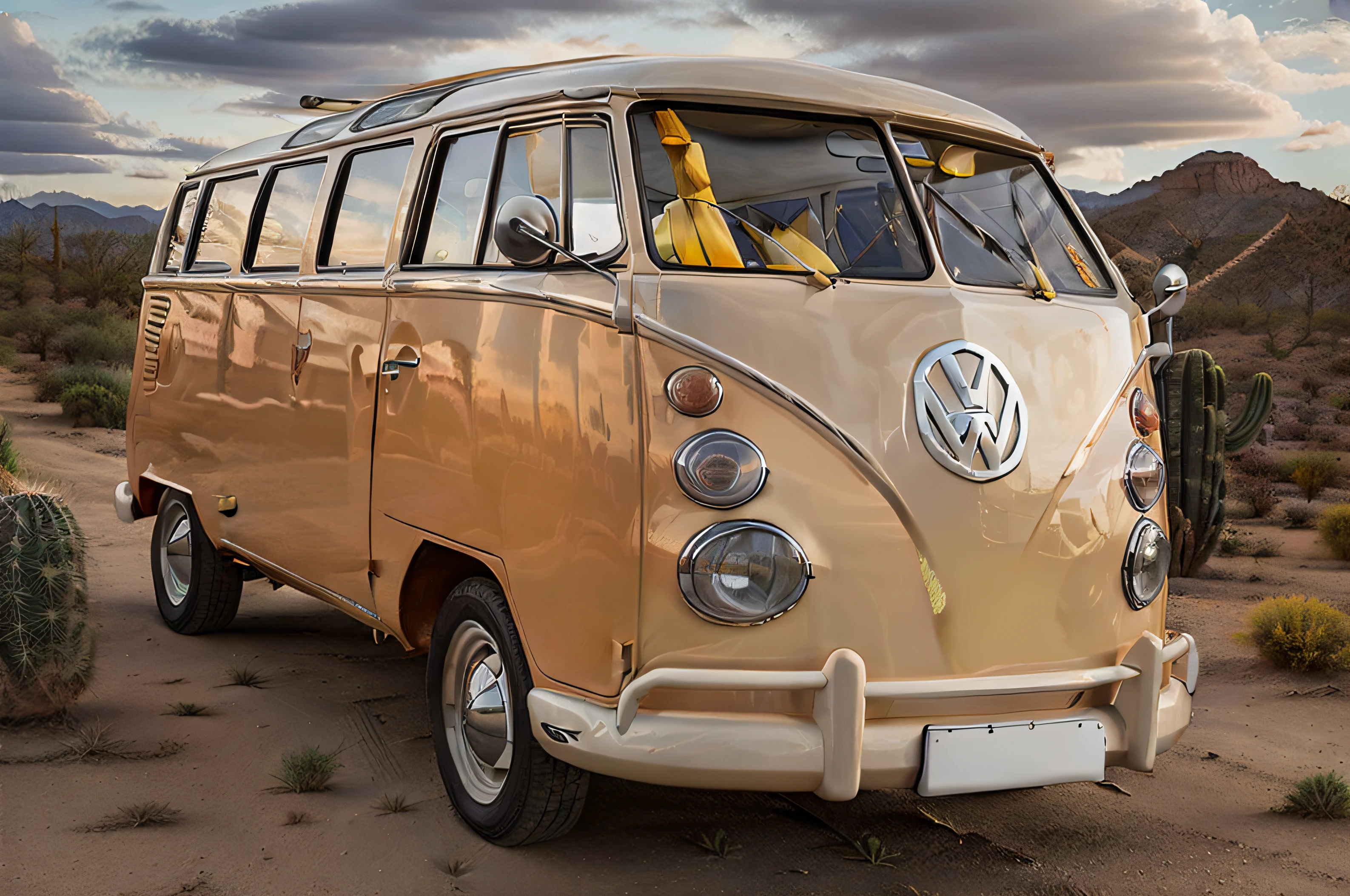 a volkswagen kombi ORANGE AND YELLOW COLOR rolling in a desert WITH CACTUS ,chiaroscuro