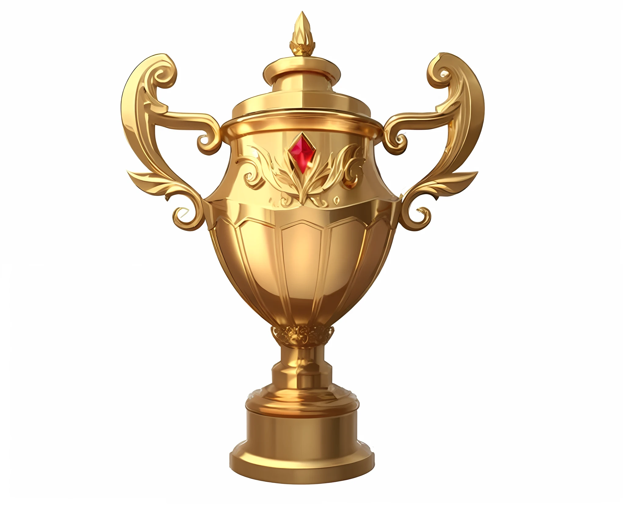 There is a gold trophy,There is a red stone inside, “ golden cup, the sacred cup of understading, 《The Golden Grail》, gold, league of legends champion, 3D, arte renderizada,Golden trophies,The trophy has ornate decorations,Clear structure,prette,