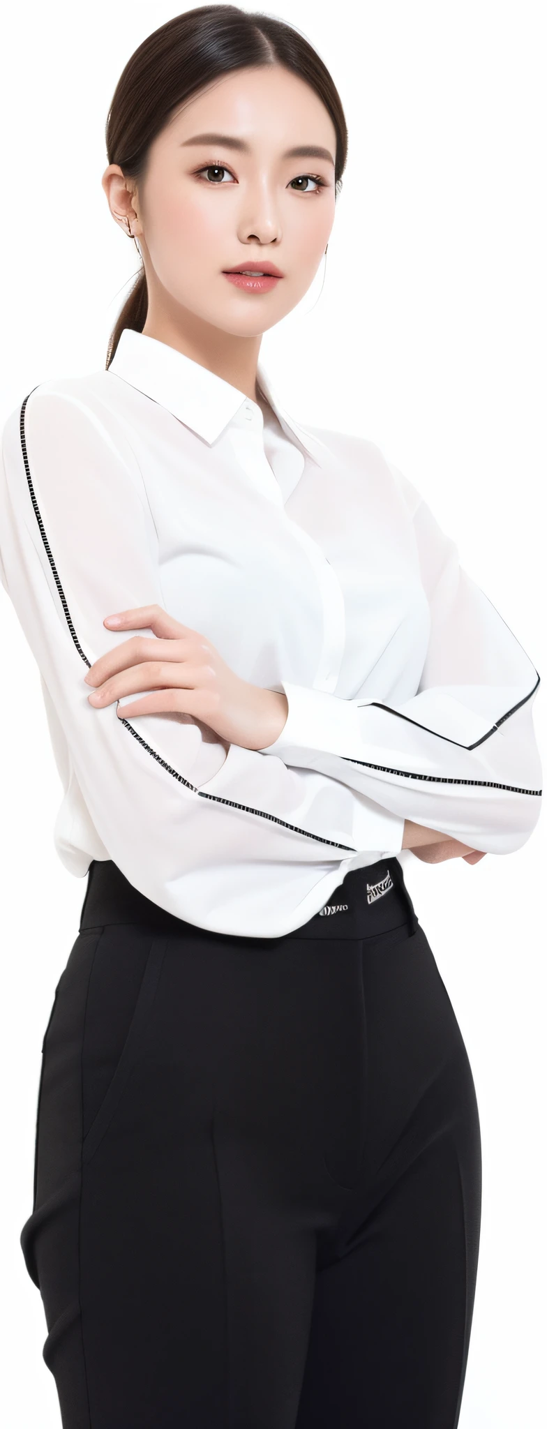Close-up of a woman in a white shirt and black pants, wearing shirt, Single image, detailled image, fine white shirt, White sleeves, detailed professional photo, professional detailed photo, in a white shirt, close up portrait shot, graceful and confident posture, full-body portraits, Subtle details, fundamental, Upper body portrait, with shoulder pads, advertisement picture