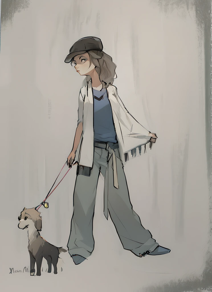 Painting of a woman on a leash with a dog, matte sketch, loose pencil sketch, old sketch, Character design sketch, professional sketch, unrealistic character concept, sketched, sketch illustratio, Black and white sketch, Rough sketch, urban girl fanart, fursona wearing stylish clothes, a pencil sketch, full-body portraits, fine art sketch, Character drawing
