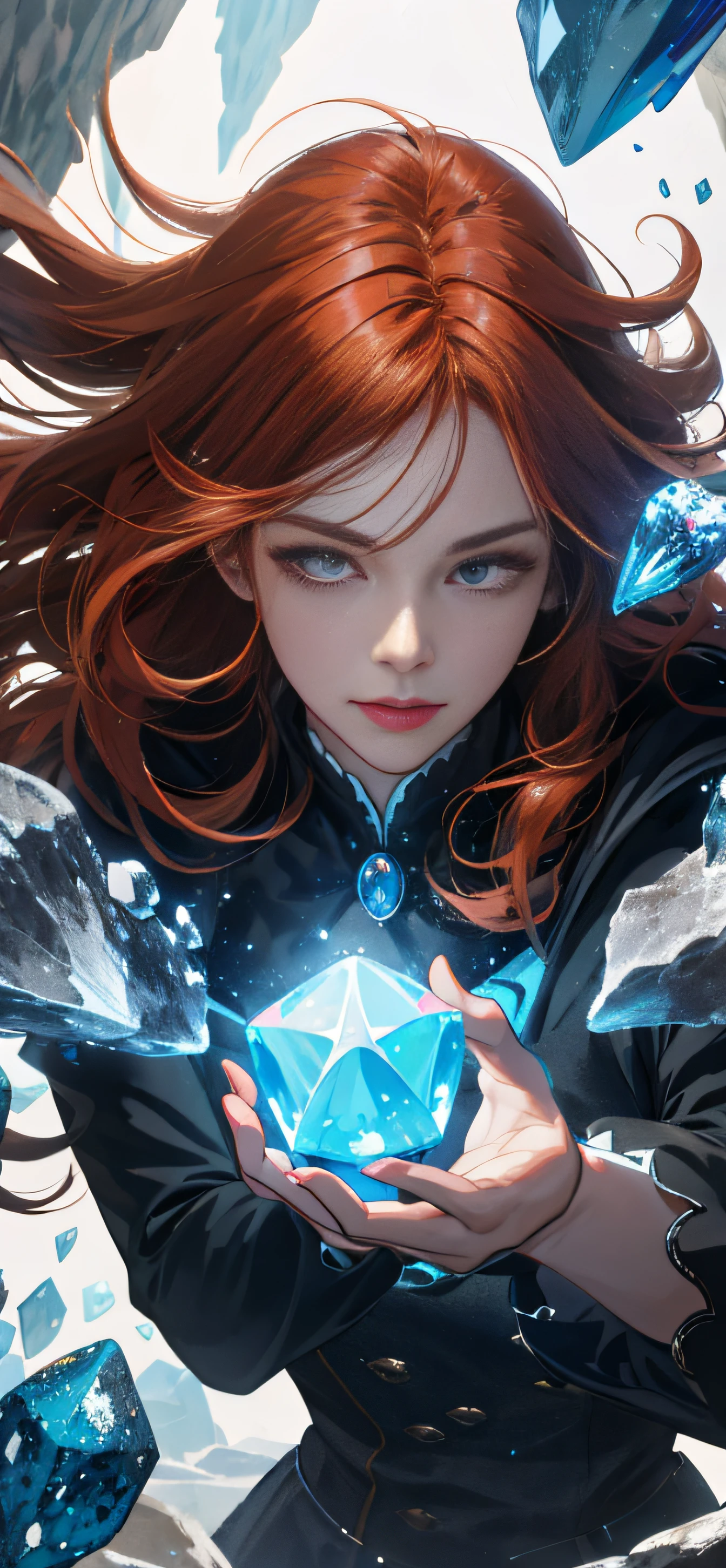 （A high resolution，ultra - detailed），1woman，a matural female，Older age，Long wavy hair，auburn hair，Coral-colored eyes，By bangs，longer sleeves，Delicate eyes and delicate face，Extremely detailed CG unity 8k wallpaper，Complicated details，（ style-swirlmagic:1.0), looking at viewer, solo, upper body, detailed background, close up, detailed face, (gothic dark ages theme:1.1), crystal sorcerer, dynamic pose, earth themed clothes, crystal crown, Float in the air，glowing magical shards，Surrounded by blue magic crystals，rock formations，stalactites，Magic floating particles，crystal glass，crystal sphere，Crystal canyon background，（shallow water：0.7），Epic ethereal atmosphere，Updraft，sportrait，Petite