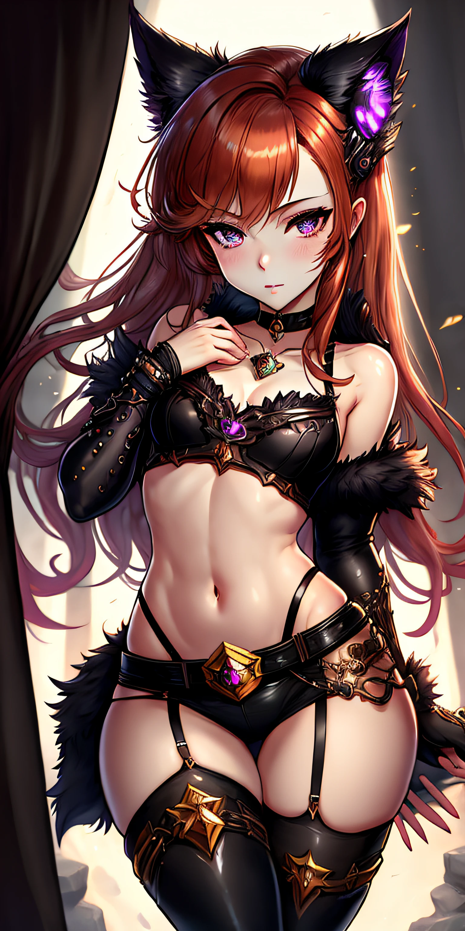 Super beautiful eyes、(masutepiece), Best Quality, Detailed and Intricicated, hight resolution, nffsw, (Realistic),(18year old),extremely detailed eye, Detailed skin, Perfect Anatomy, (eye line:0.5),(blush:0.5), (League of Legends\), Choker, Long hair, croptop, Midriff, (toenails), Fur trim, (Holographic clothing:1.2), Jacket, Black garter belt, Black pantyhose, Dark background, \ (depth of fields:1.1), (ambient lights:1.1), award - winning photo, Ginger Hair, (Cat ears:1.1), Small breasts,age 18,, Full body, masutepiece, (Convoluted, Octane Render, Highly detailed, 8K, nffsw, nffsw, High quality, Professional, Unreal Engine,Trending on ArtStation), Lens Flare, Shade, tiny chest, (freckle:0.6), skinny, small hips, Small chest, (Small waist), Perfect face, Highly detailed, Best Quality,Petite, 8K Eye Details,