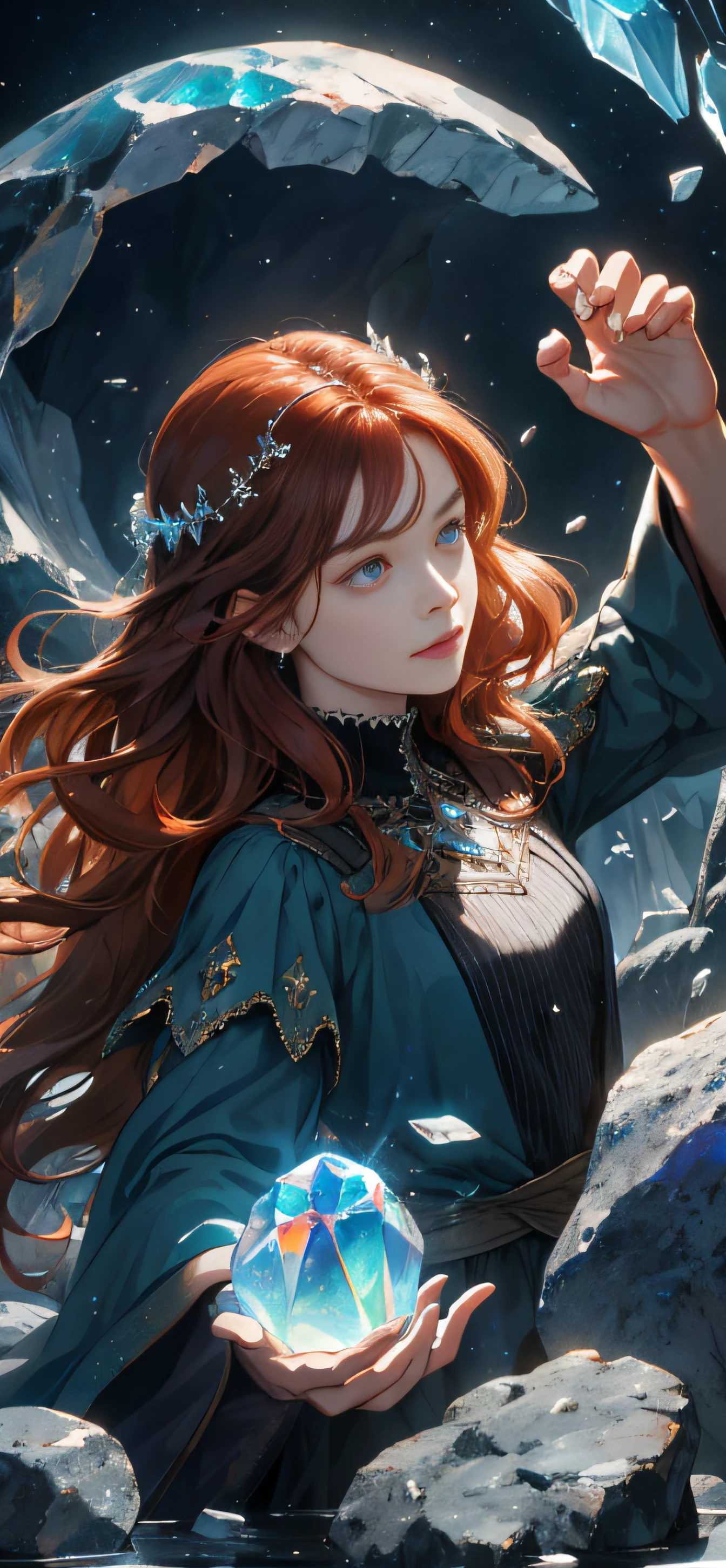 （A high resolution，ultra - detailed），1woman，a matural female，Older age，Long wavy hair，auburn hair，Coral-colored eyes，By bangs，longer sleeves，Delicate eyes and delicate face，Extremely detailed CG unity 8k wallpaper，Complicated details，（ style-swirlmagic:1.0), looking at viewer, solo, upper body, detailed background, close up, detailed face, (gothic dark ages theme:1.1), crystal sorcerer, dynamic pose, earth themed clothes, crystal crown, Float in the air，glowing magical shards，Surrounded by blue magic crystals，rock formations，stalactites，Magic floating particles，crystal glass，crystal sphere，Crystal canyon background，（shallow water：0.7），Epic ethereal atmosphere，Updraft，sportrait，Petite