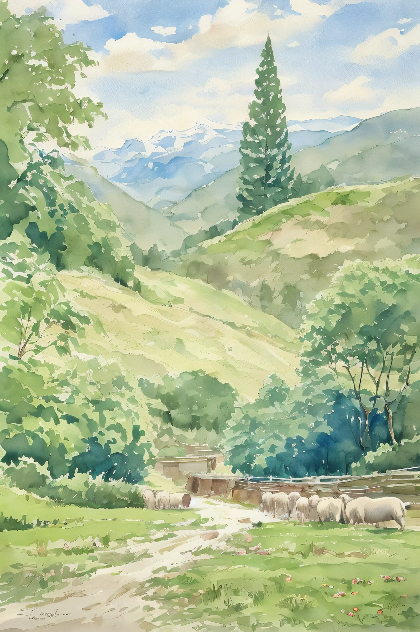 The river of hometown,small bridges,misterious,watercolor paiting,There are mountains in the distance and flocks of sheep nearby,The flock briefly draws