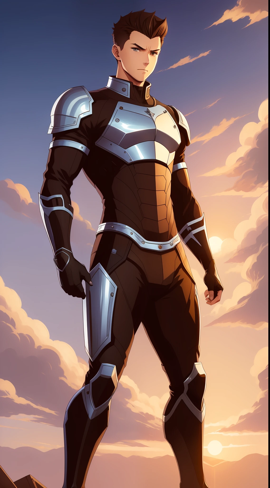 [by Artgerm and WLOP and Ilya Kuvshinov and RHADS and Loish and Rossdraw] by "anime" artist, Visual Key Anime, Japanese Manga, Pixiv, Zerochan, Anime Art, Fantia, young man with 20 years of short brown hair, slim, Corte quiff, Armaura Medieval Futuristic, ((full body) ) ), muscular, ((short hair)), steel armor, short hair