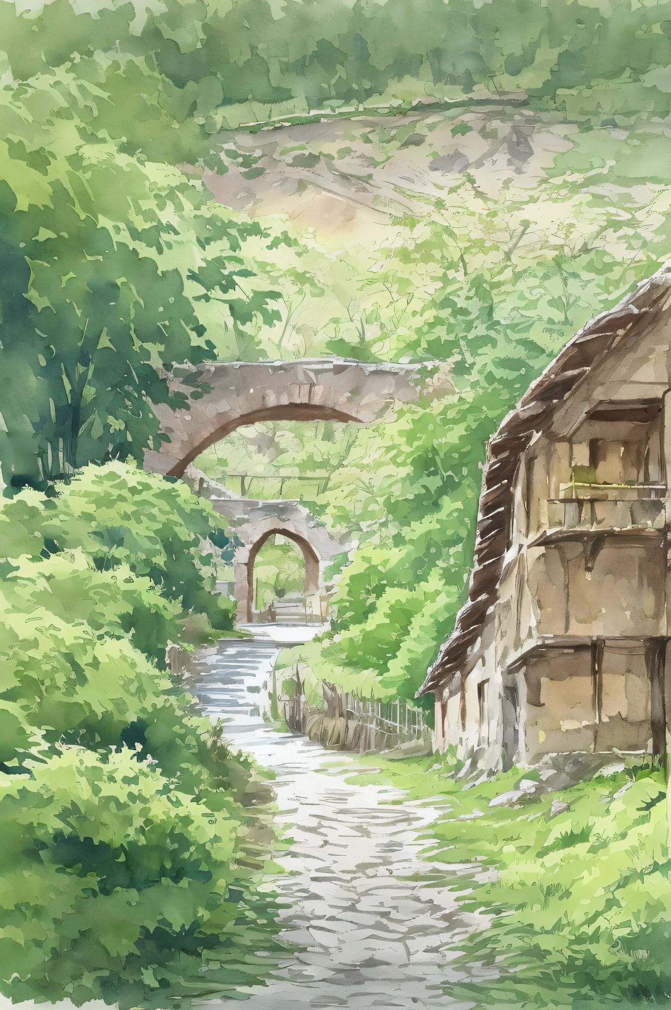 The river of hometown,small bridges,misterious,watercolor paiting,There are mountains in the distance and flocks of sheep nearby,The flock briefly draws