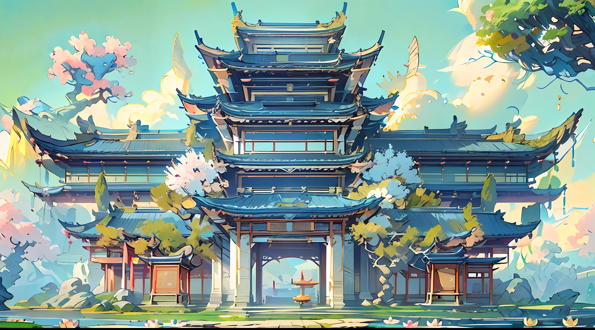 （（best qualtiy）），tmasterpiece，Hyper-detailing，best qualityer，8K，Antique game scene design，big trees，florals，Lotus architecture，Floating table，A blue sky，White cloud，Chinese ink painting OC rendering sculpture,（Very detailed CG unified 8K wallpaper），Ray traching