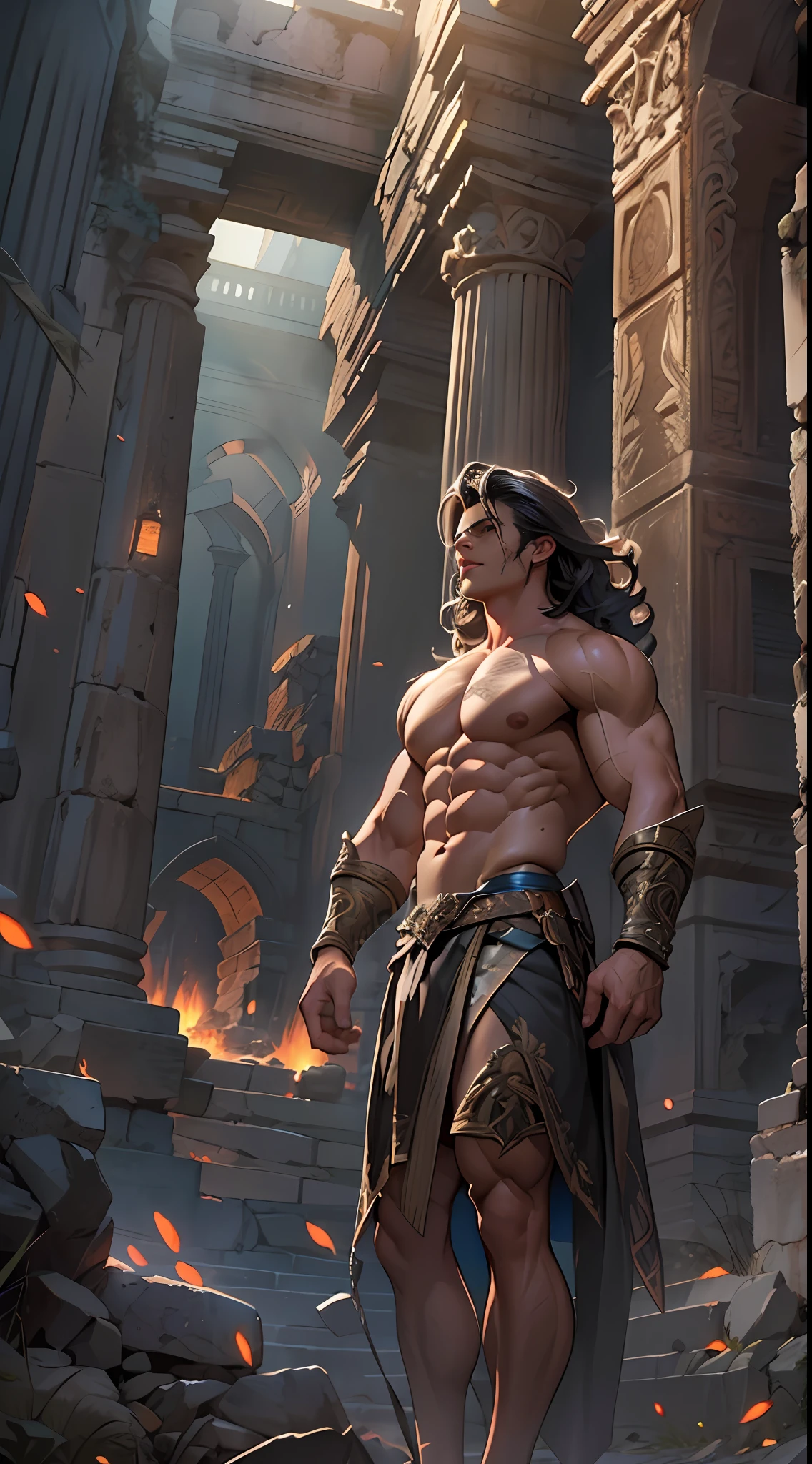 Ripped hero, shirtless upper body, legs revealed from thighs to feet, cascading long curls, intricate muscular details, photorealistic artwork, 4K resolution. Background: Mystic ancient ruins with glowing symbols,32k uhd, best quality, masterpiece, super detail, high details