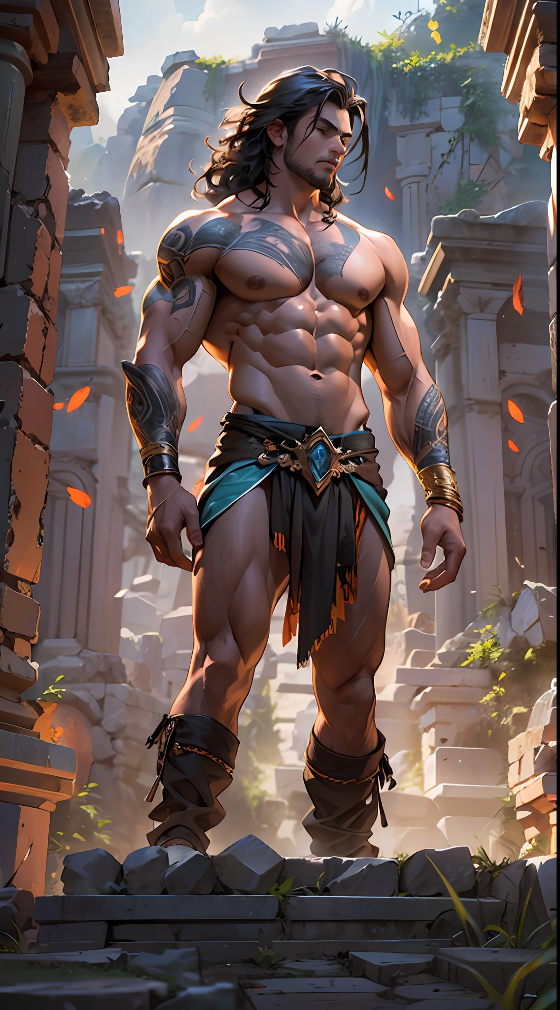 Ripped hero, shirtless upper body, legs revealed from thighs to feet, cascading long curls, intricate muscular details, photorealistic artwork, 4K resolution. Background: Mystic ancient ruins with glowing symbols,32k uhd, best quality, masterpiece, super detail, high details