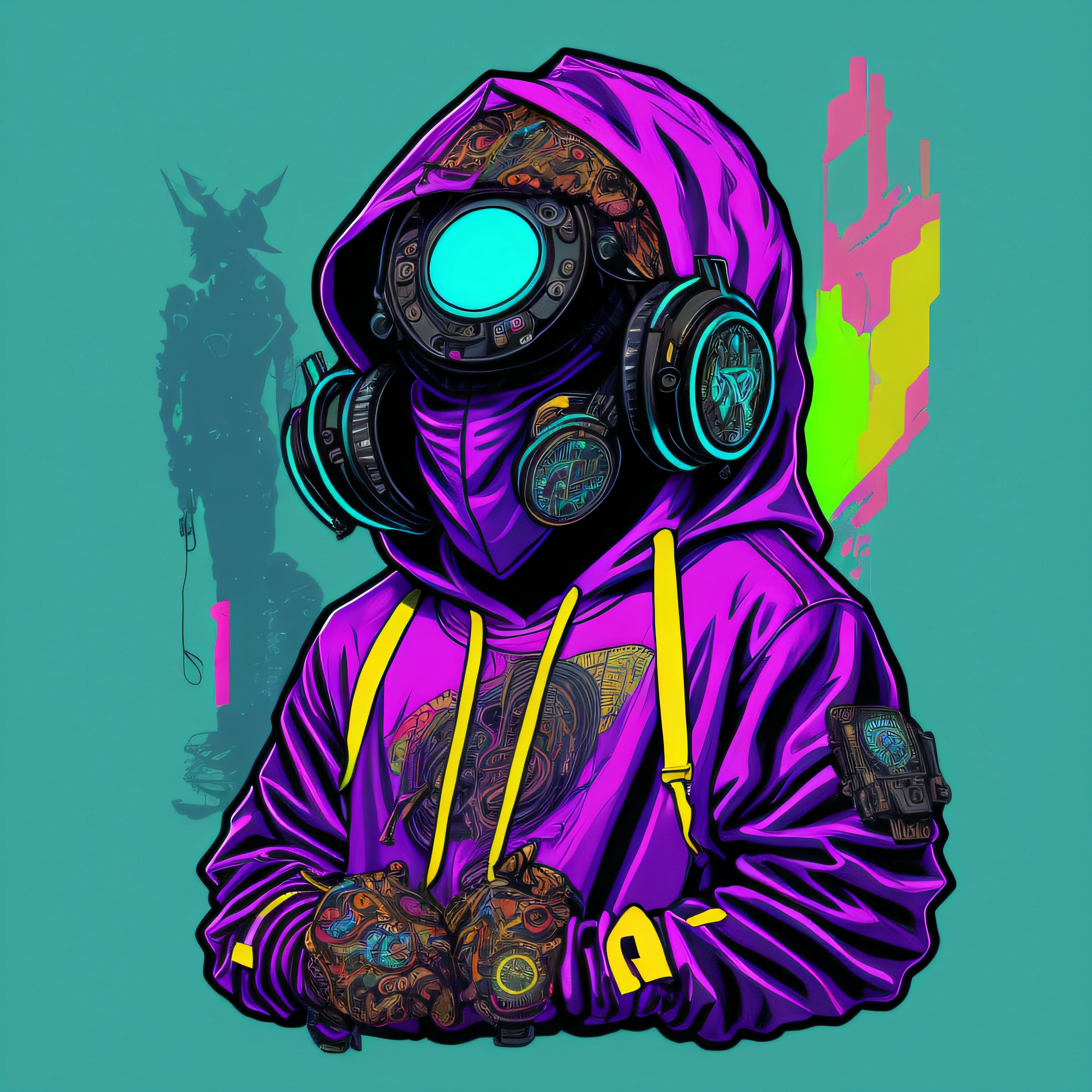 (masterpice) hooded cyberpunk with music headphones in the head, (empty background :1.4), streetwear, colorfull, realistic, intricate, vibrant, extremely sharp, detailed, alta resolucion, 8k, centered, as a t-shirt logo in the style of MAGIFACTORY