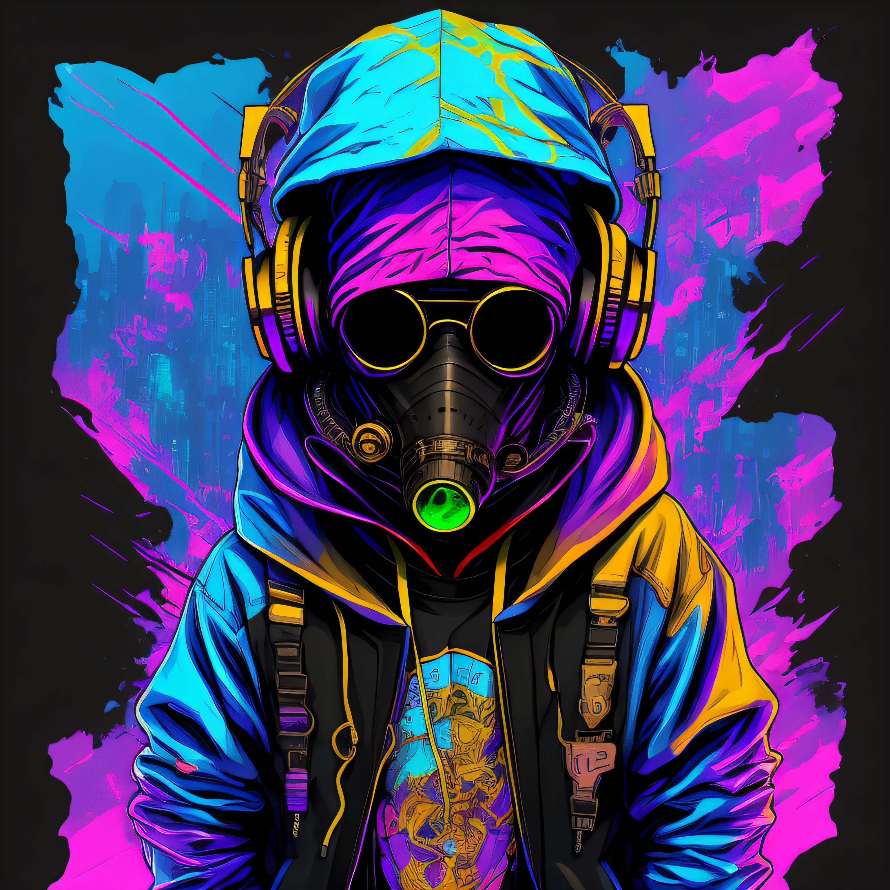 (masterpice) hooded cyberpunk with music headphones in the head, (empty background :1.4), streetwear, colorfull, realistic, intricate, vibrant, extremely sharp, detailed, alta resolucion, 8k, centered, as a t-shirt logo in the style of MAGIFACTORY
