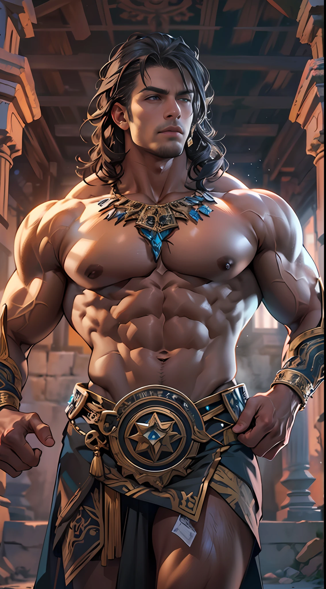 Ripped hero, shirtless upper body, legs revealed from thighs to feet, cascading long curls, intricate muscular details, photorealistic artwork, 4K resolution. Background: Mystic ancient ruins with glowing symbols,32k uhd, best quality, masterpiece, super detail, high details