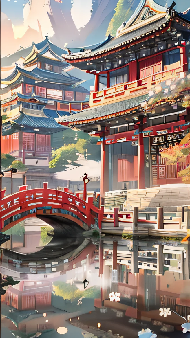 a poster,In the background is a bridge and a building, trending on cgstation, An anime cover, G Liulian art style, Chinese watercolor style, Onmyoji detailed art, Anime background art, onmyoji, Middle metaverse, dreamy Chinese towns, Chinese fantasy, Chinese style painting, anime backgrounds, Beautiful rendering of the Tang Dynasty