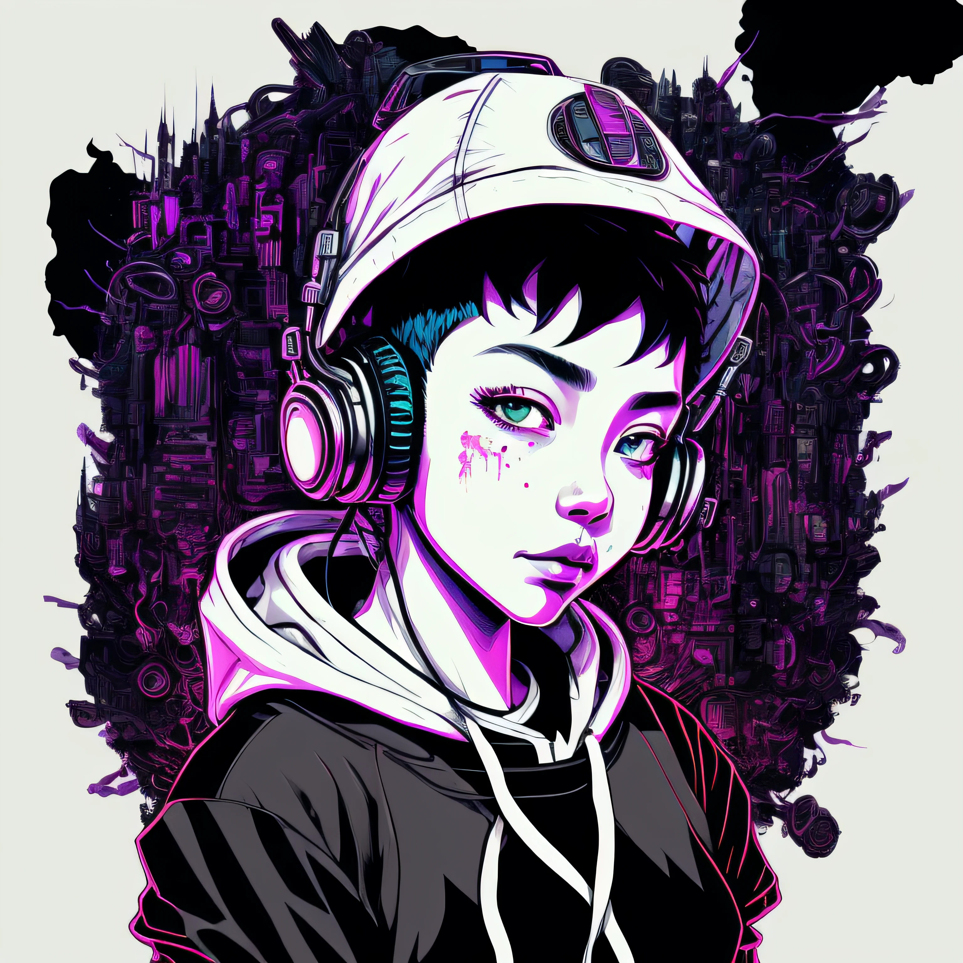 (masterpice) hooded cyberpunk with music headphones in the head, white background, streetwear, centered, stunning illustration, wide shot, realistic, intricate, vibrant, extremely sharp, detailed, high resolution, as a t-shirt logo in the style of MAGIFACTORY