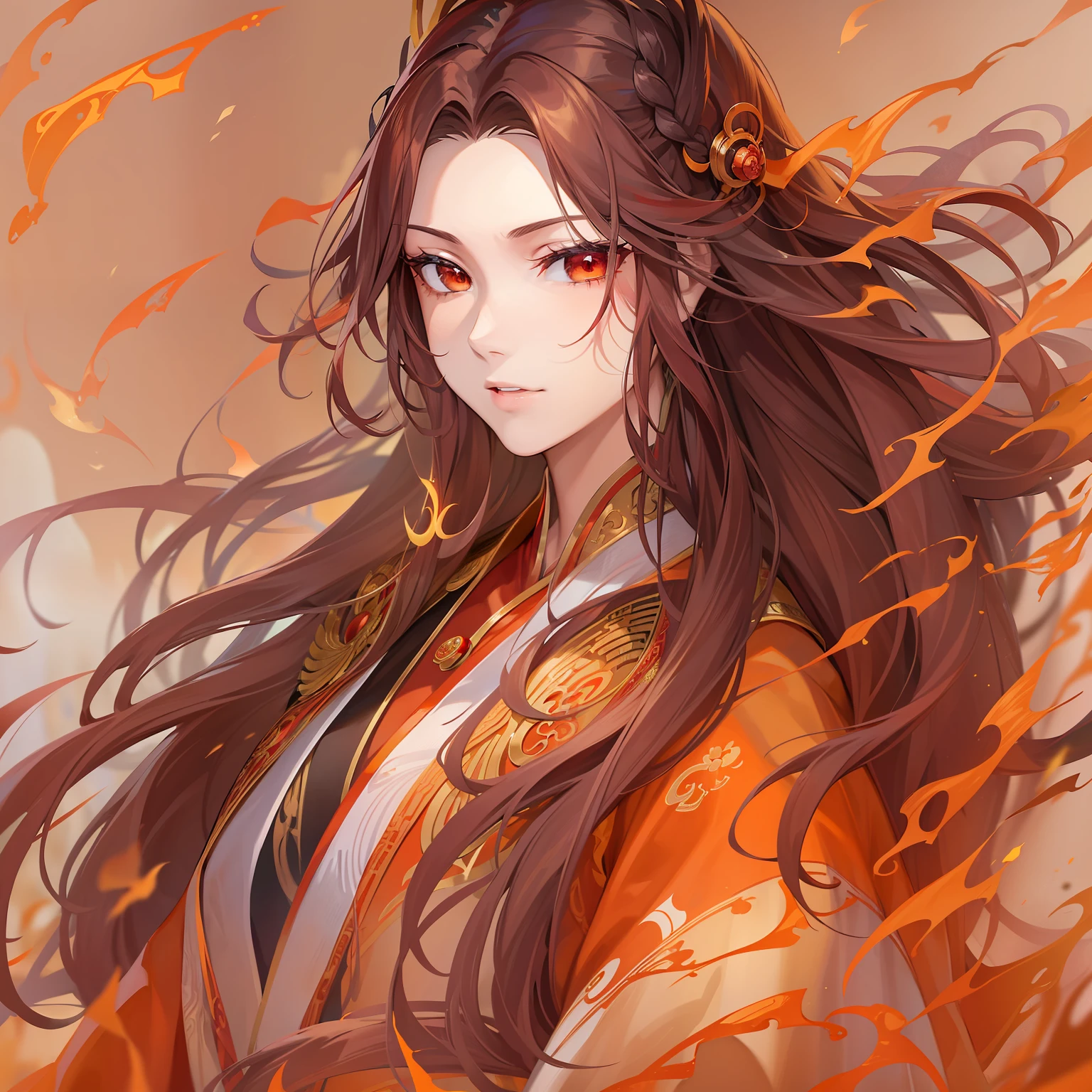 21-year-old girl,Long flowing hair,brunette color hair,The ends of the hair turn red,The eyes are burning clouds,The rendering has an orange-red feel,Suzaku gold pattern traditional Chinese costume,Distinguished status,Guardians of the Dynasty
