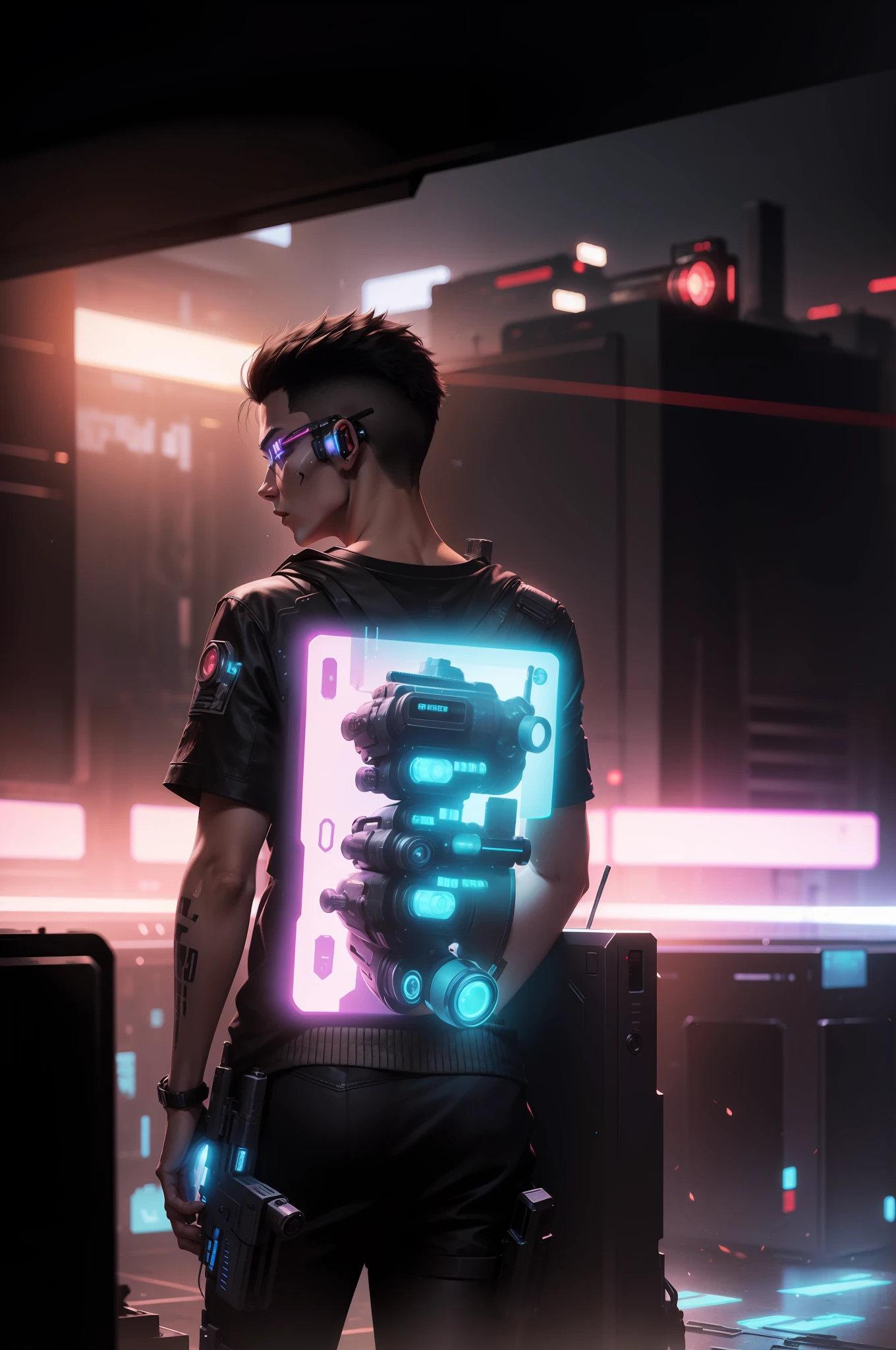 Half robotic body, cyberpunk background, with gun in hand, same face