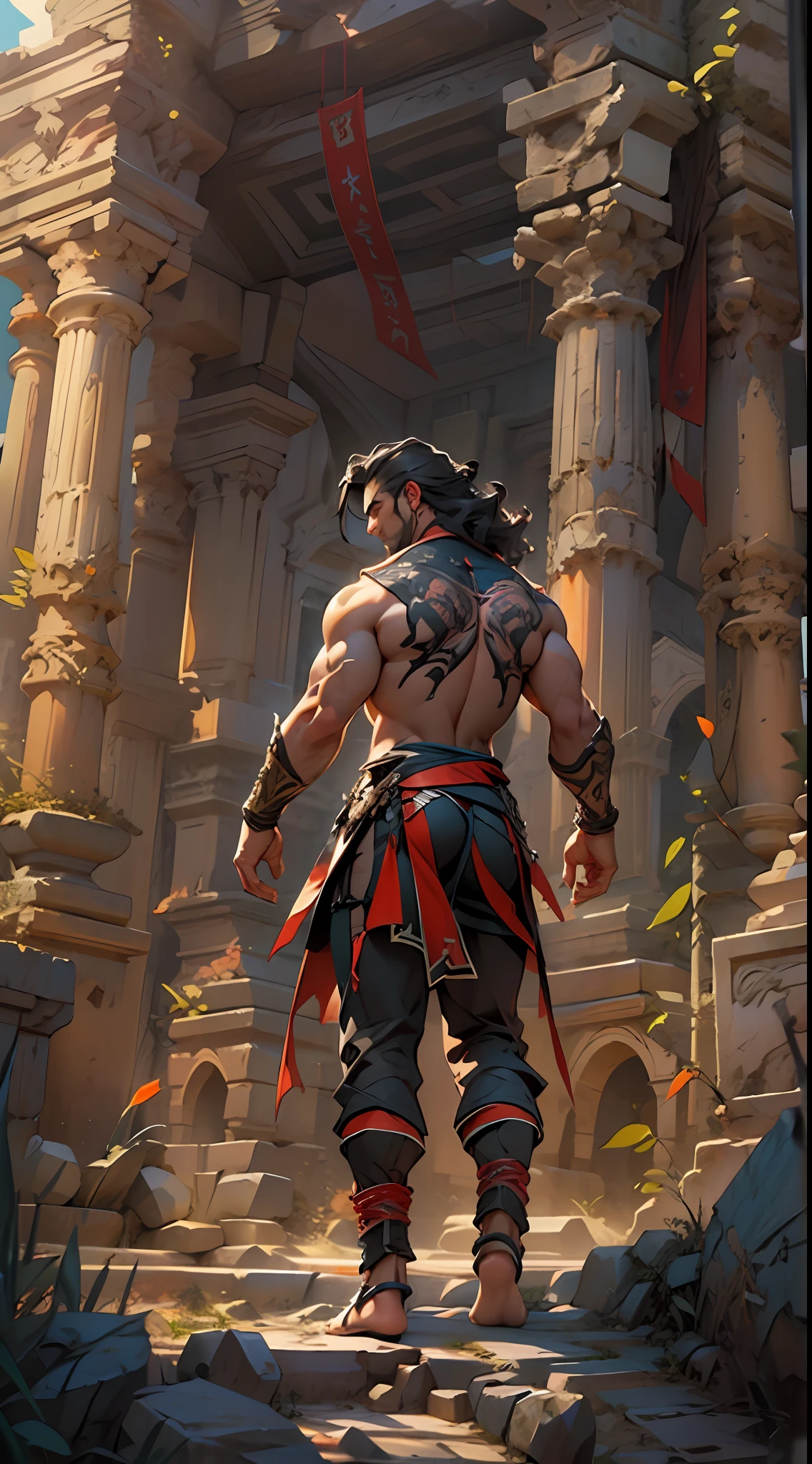 Ripped hero, shirtless upper body, legs revealed from thighs to feet, cascading long curls, intricate muscular details, photorealistic artwork, 4K resolution. Background: Mystic ancient ruins with glowing symbols,32k uhd, best quality, masterpiece, super detail, high details