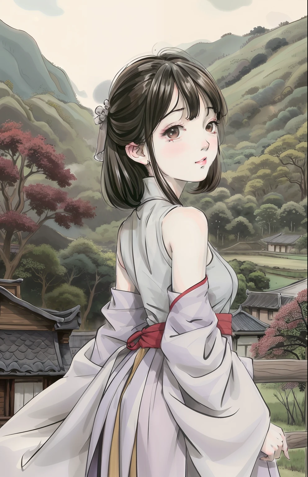 (masterpiece),best quality,good anatomy, shuimobysim,arms behind back,(1 girl:1), (upper body),(smile),short hair,(hanfu),(ecchi0.5), (trees:0.5), (flowers:0.6) ,(wooden house:0.2),(bamboo forest:0.2),(creek:0.2),(river:0.2),