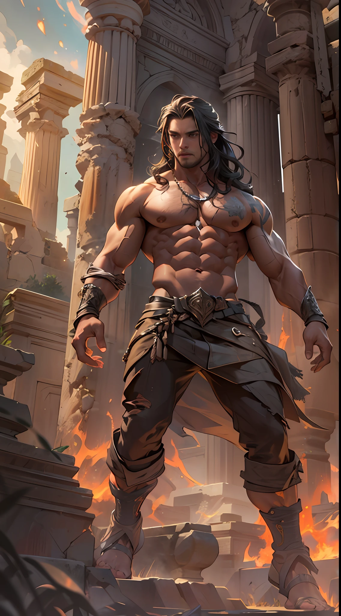 Ripped hero, shirtless upper body, legs revealed from thighs to feet, cascading long curls, intricate muscular details, photorealistic artwork, 4K resolution. Background: Mystic ancient ruins with glowing symbols,32k uhd, best quality, masterpiece, super detail, high details