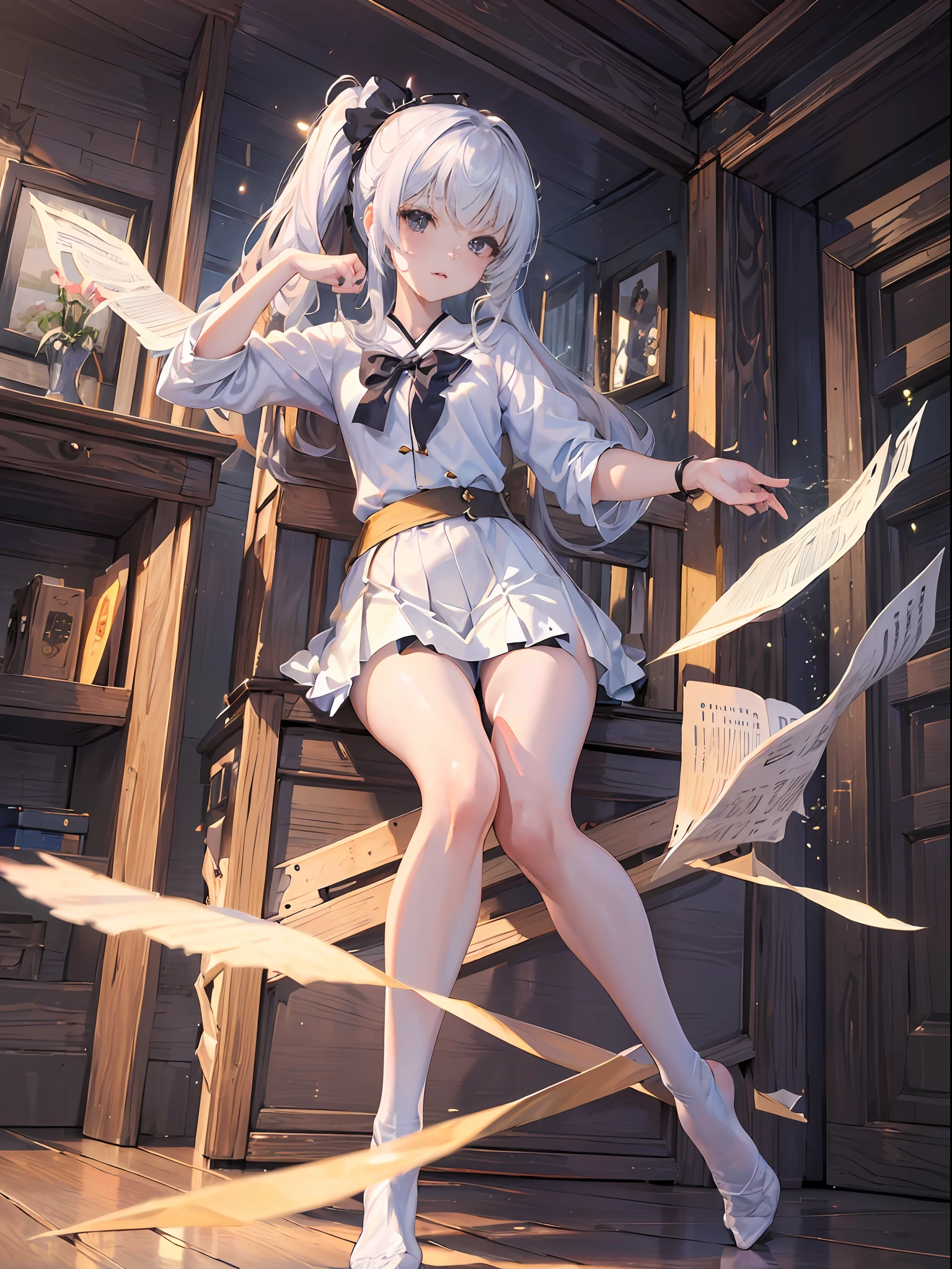(((Masterpiece,Best quality,offcial art,Extremely detailed Cg Unity 8K wallpaper))) ,(Masterpiece:1.2, Best quality), (((Best quality))),(((Ultra detailed))),(((Masterpiece))),illustration, 1girll,Chinese, Slim figure,Students,indoor,Beautifully detailed eyes,Messy hair, flipped hair,hair glowing,angle of view,Black eyes,,White school uniform,Perfect feet,uwabaki,Small waist,Side ponytail,blackstockings