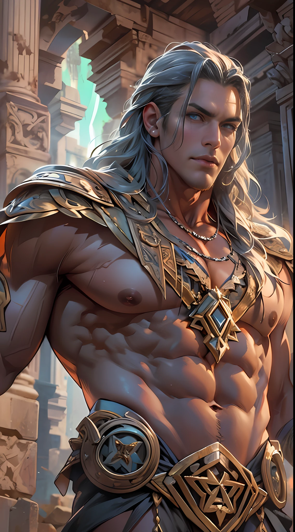 Ripped hero, shirtless upper body, legs revealed from thighs to feet, cascading long curls, intricate muscular details, photorealistic artwork, 4K resolution. Background: Mystic ancient ruins with glowing symbols,32k uhd, best quality, masterpiece, super detail, high details