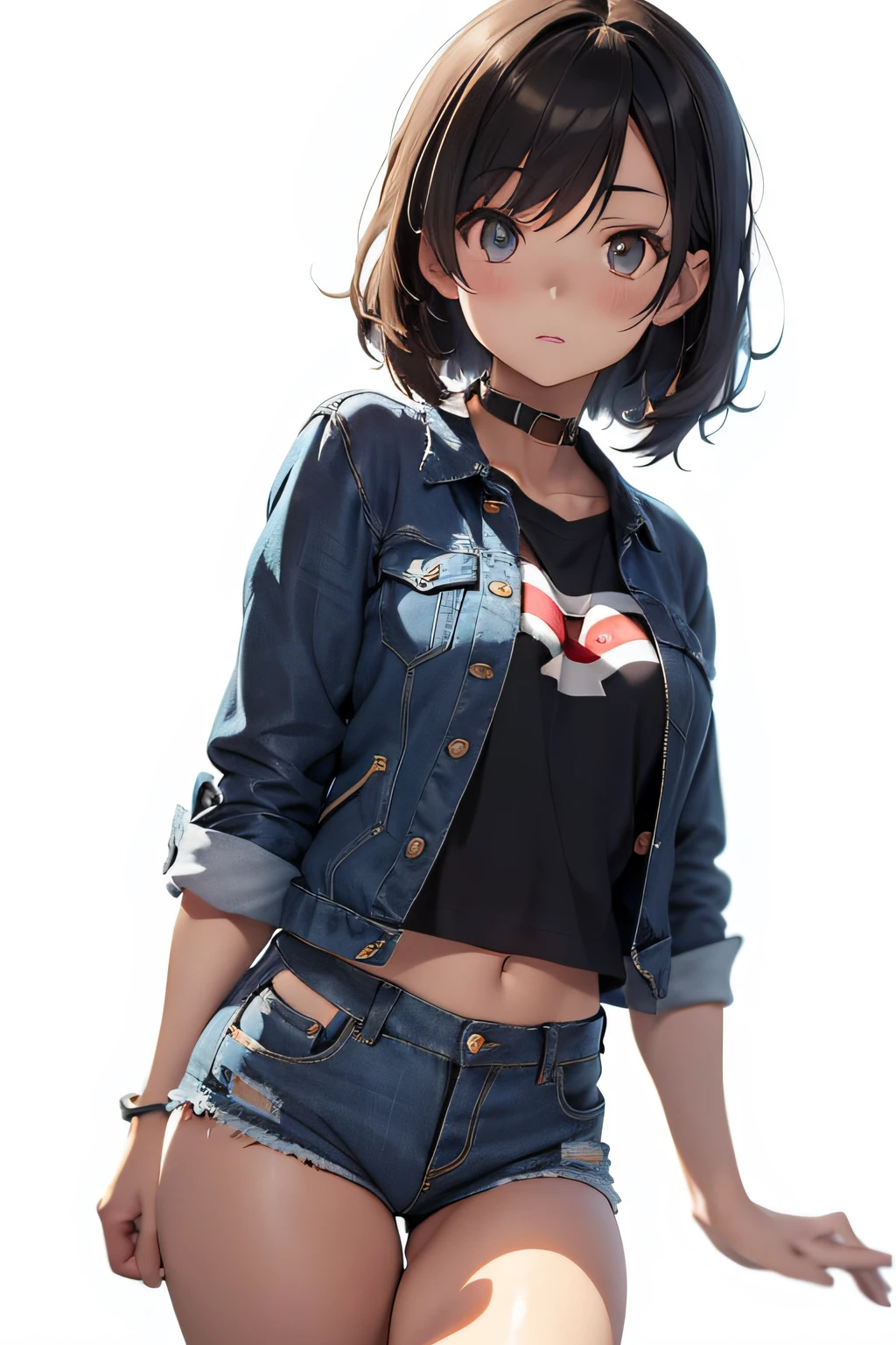 Anime girl with short hair and jeans shorts posing for camera, Kantai Collection Style, anime moe art style, Casual pose, High quality anime art style, Anime style. 8K, photorealistic anime girl render, made with anime painter studio, artwork in the style of guweiz, realistic anime 3 d style, anime styled 3d