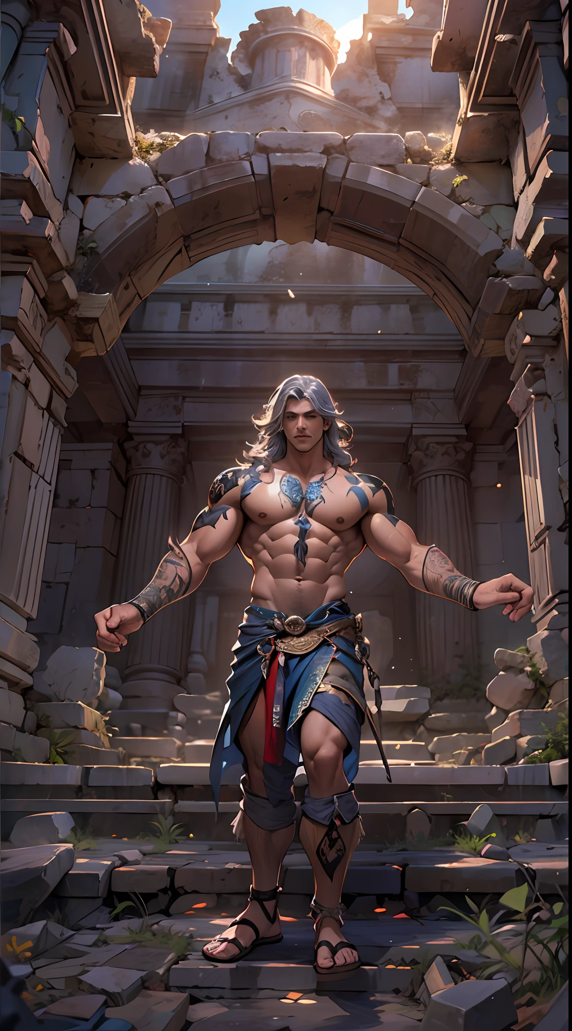 Ripped hero, shirtless upper body, legs revealed from thighs to feet, cascading long curls, intricate muscular details, photorealistic artwork, 4K resolution. Background: Mystic ancient ruins with glowing symbols,32k uhd, best quality, masterpiece, super detail, high details