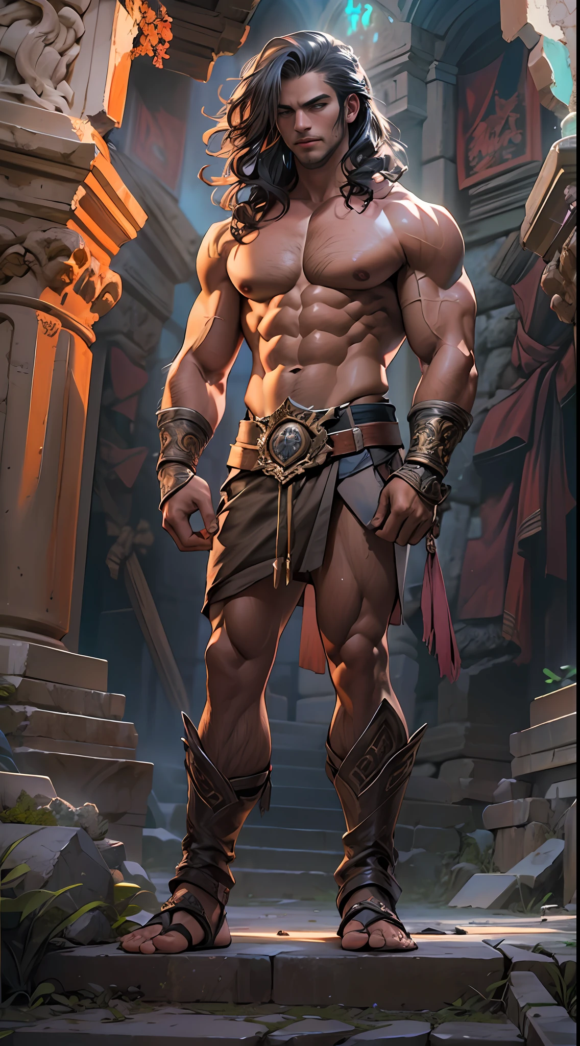 Ripped hero, shirtless upper body, legs revealed from thighs to feet, cascading long curls, intricate muscular details, photorealistic artwork, 4K resolution. Background: Mystic ancient ruins with glowing symbols,32k uhd, best quality, masterpiece, super detail, high details
