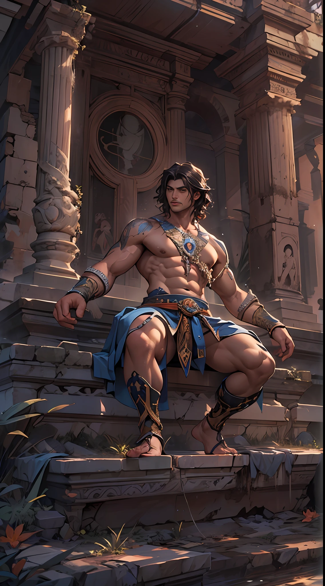 Ripped hero, shirtless upper body, legs revealed from thighs to feet, cascading long curls, intricate muscular details, photorealistic artwork, 4K resolution. Background: Mystic ancient ruins with glowing symbols,32k uhd, best quality, masterpiece, super detail, high details