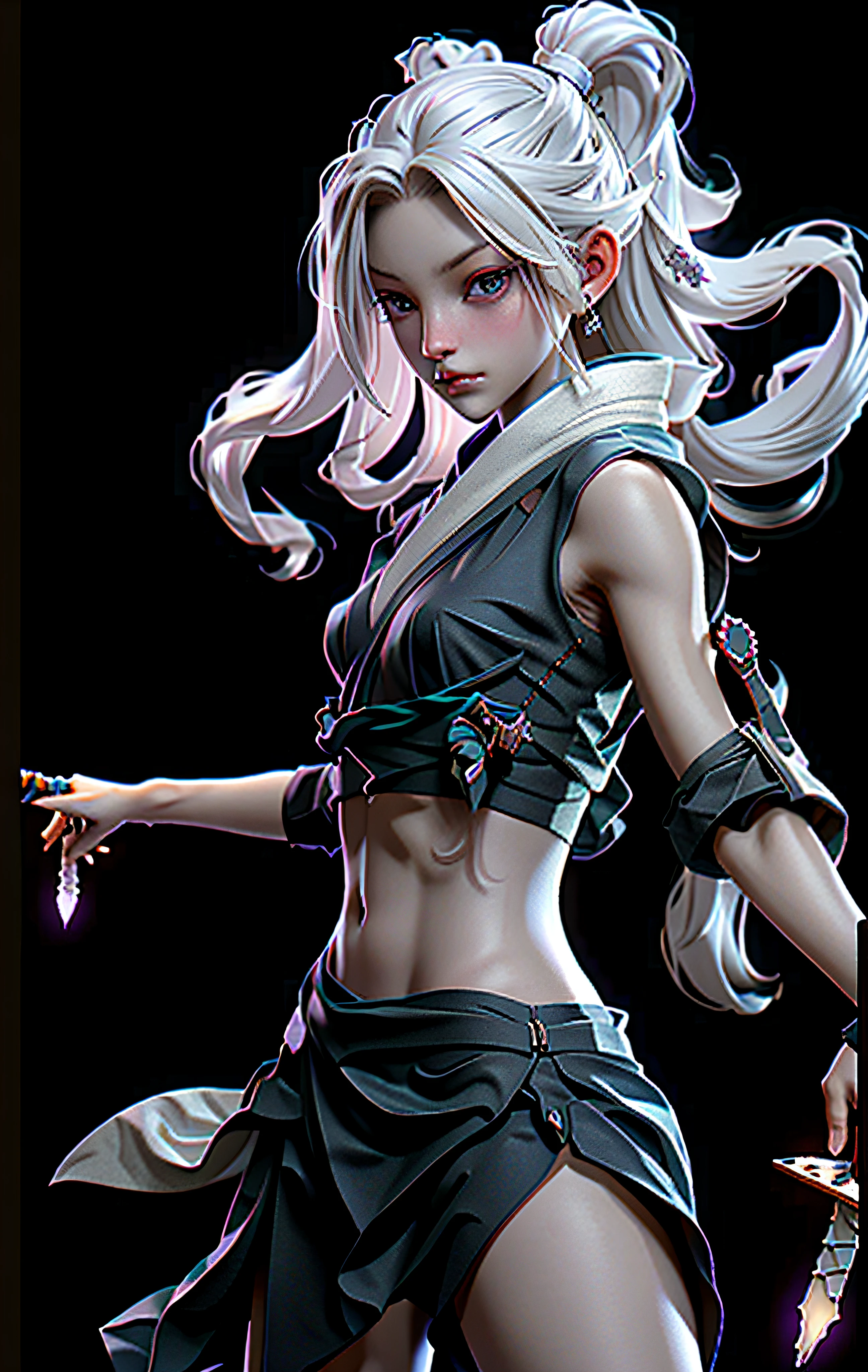upper body, 1girl, white hair, ponytail, purple eyes, (ninja), short sword, medium breats ,scarf, wallpaper, magic circle background, light particles, blue fire,
